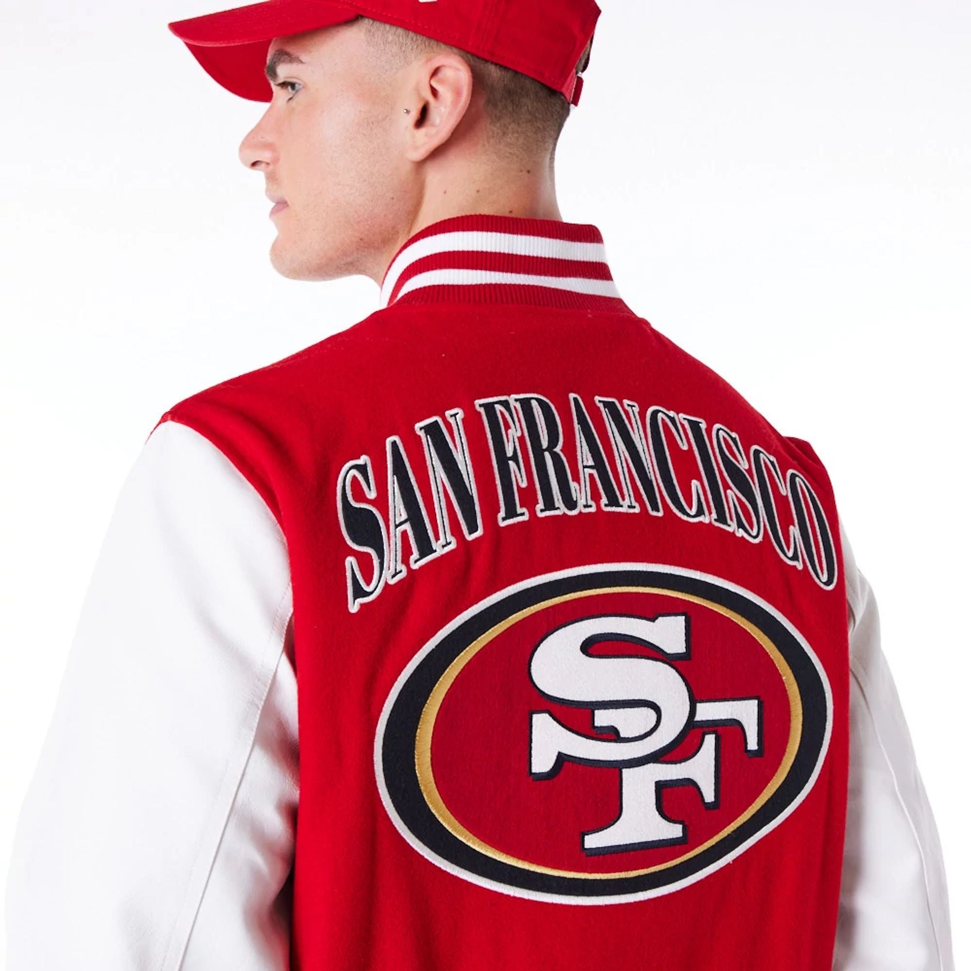 The Male model is wearing San Francisco 49ers NFL Patch Red Varsity Jacket 3