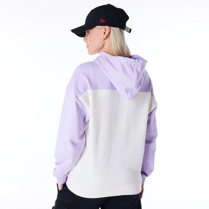 The Female model is wearing Chicago Bulls Womens NBA Pastel Purple Oversized Pullover Hoodie 4