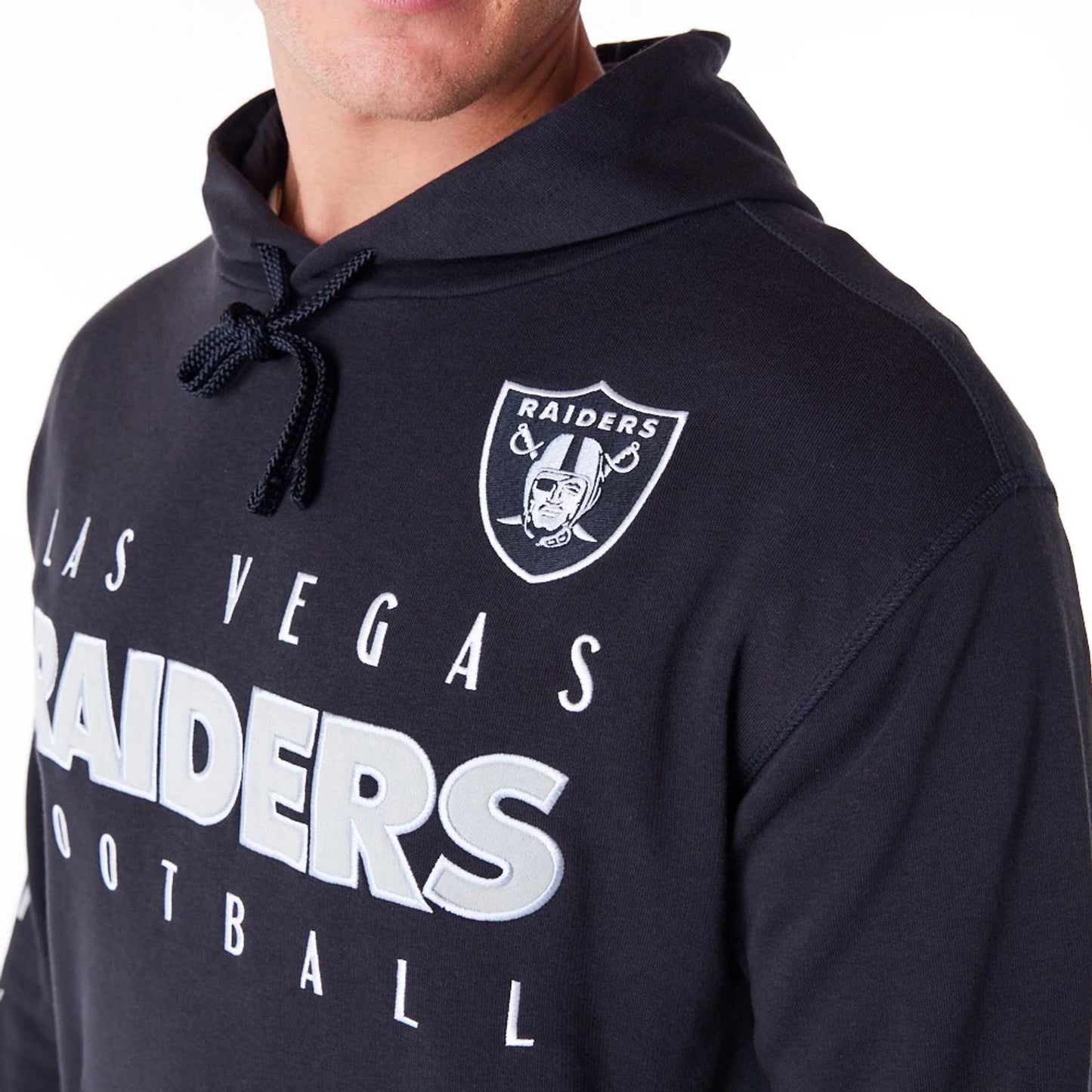 The Male model is wearing Las Vegas Raiders NFL Patch Black Oversized Pullover Hoodie 5