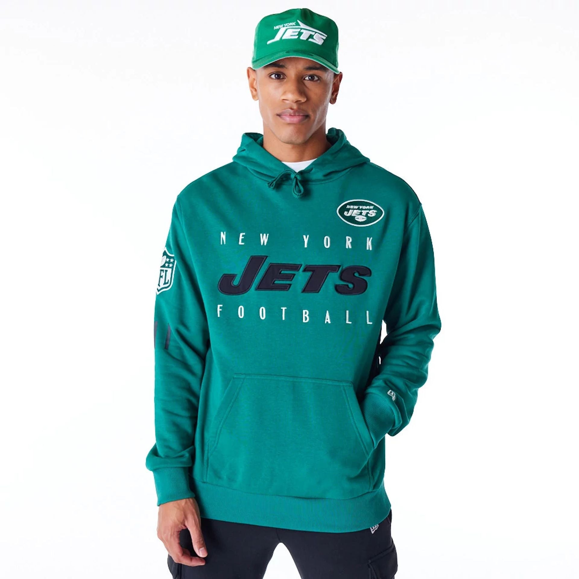 The Male model is wearing New York Jets NFL Patch Green Oversized Pullover Hoodie 1