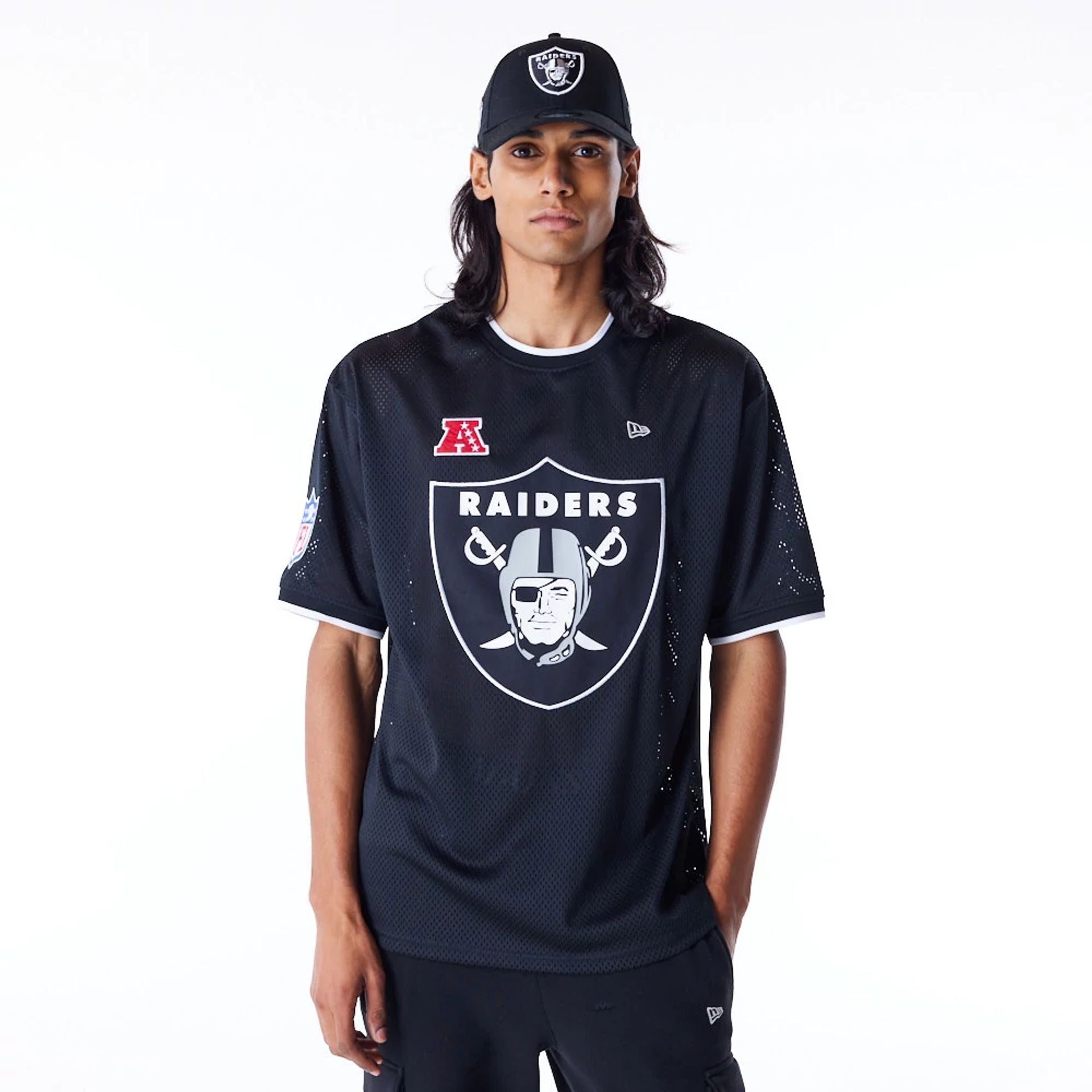 The Male model is wearing Las Vegas Raiders NFL Mesh Black Oversized T-Shirt 1