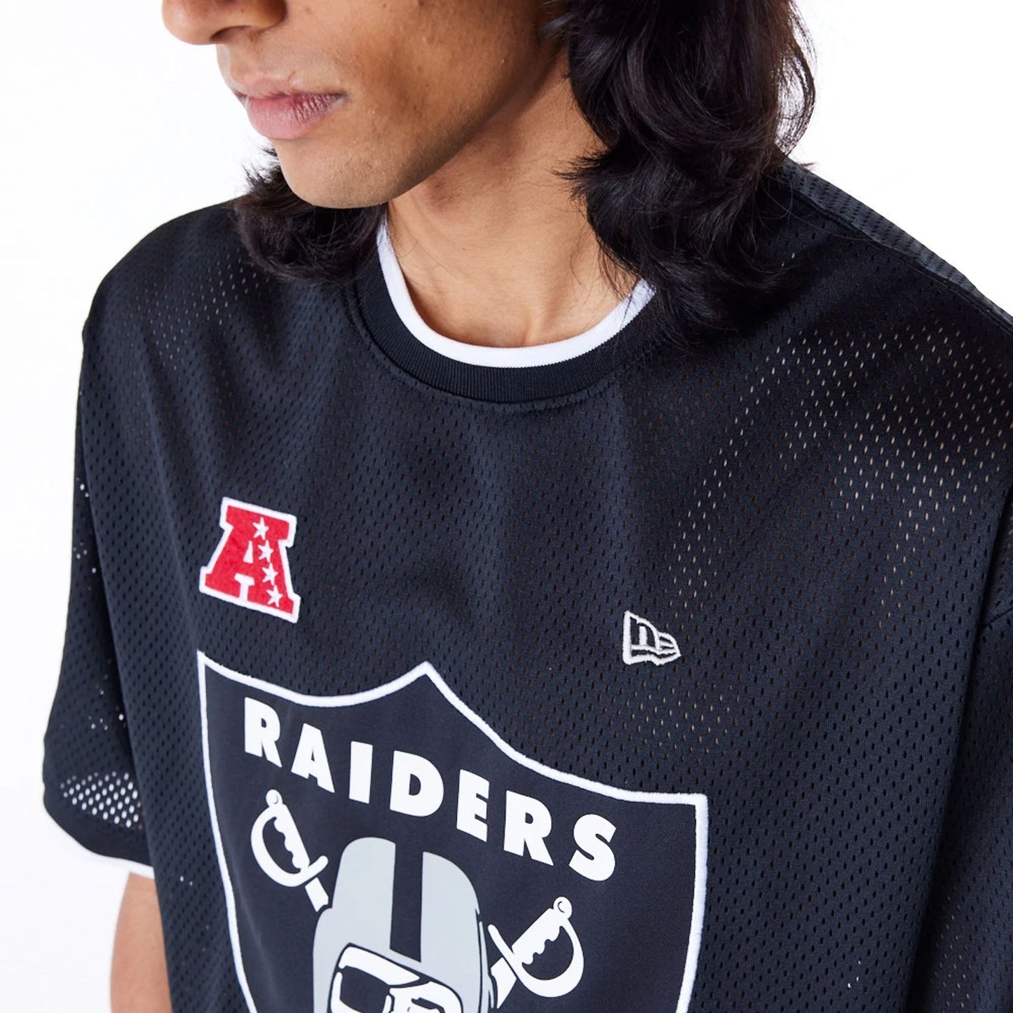 The Male model is wearing Las Vegas Raiders NFL Mesh Black Oversized T-Shirt 7