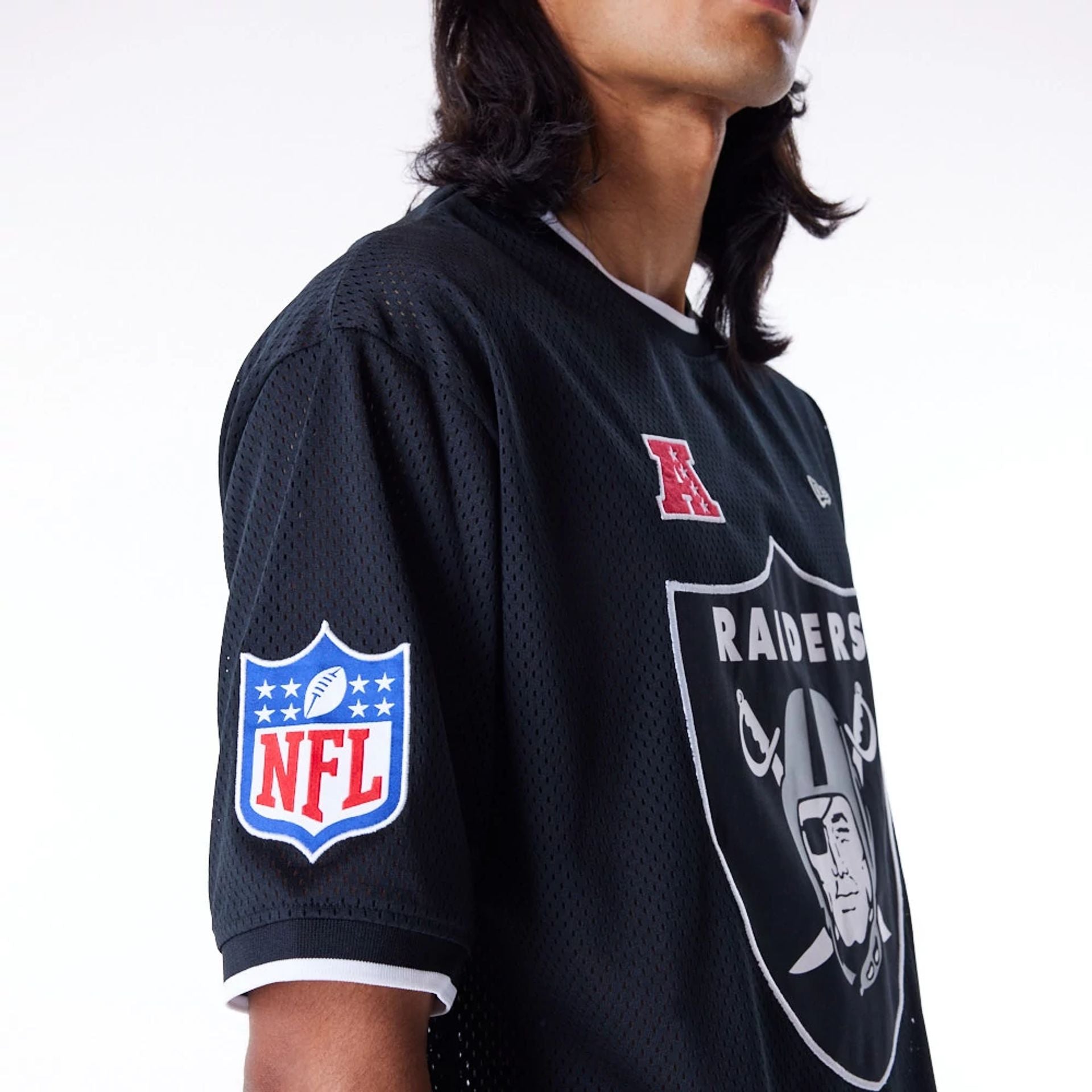 The Male model is wearing Las Vegas Raiders NFL Mesh Black Oversized T-Shirt 8