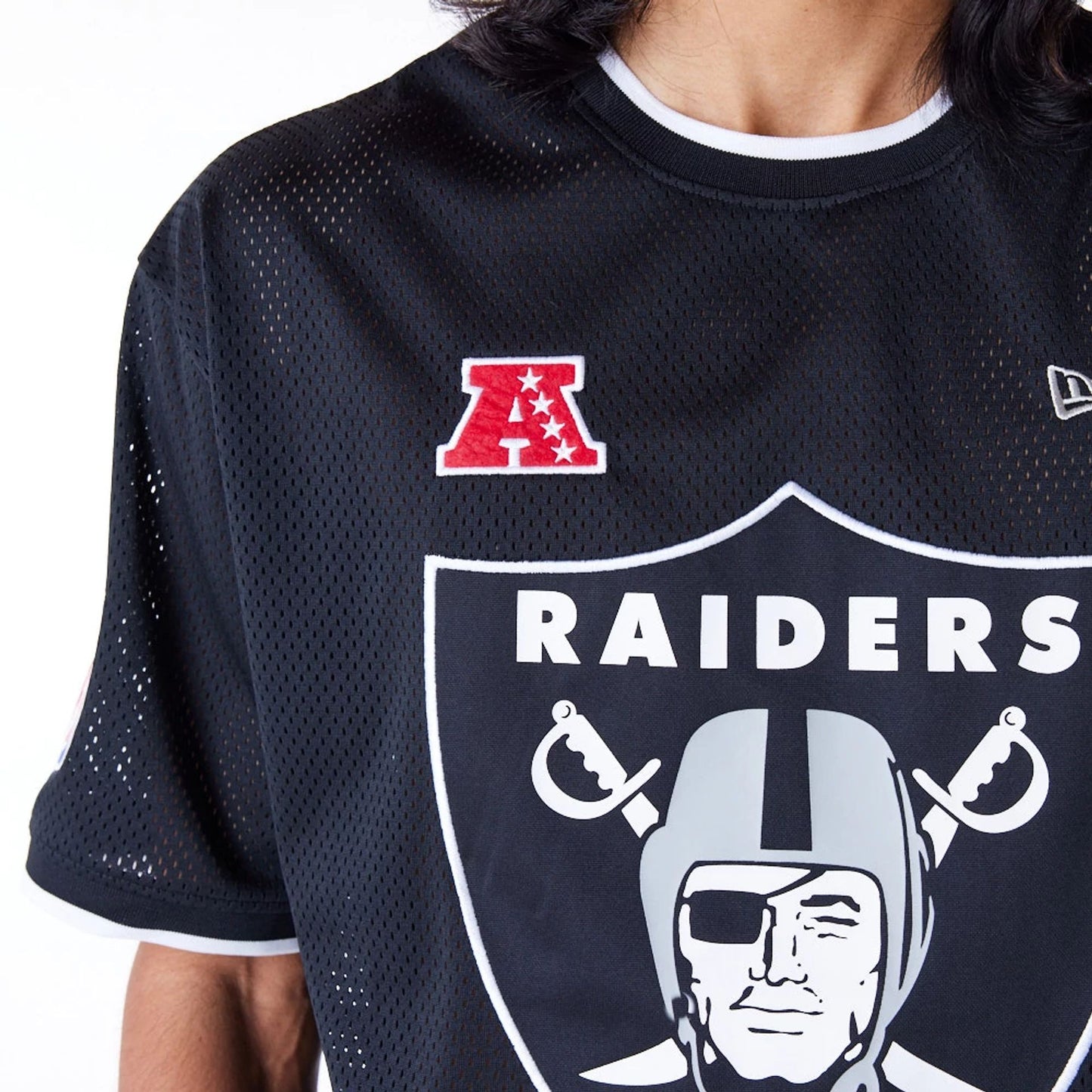 The Male model is wearing Las Vegas Raiders NFL Mesh Black Oversized T-Shirt 4