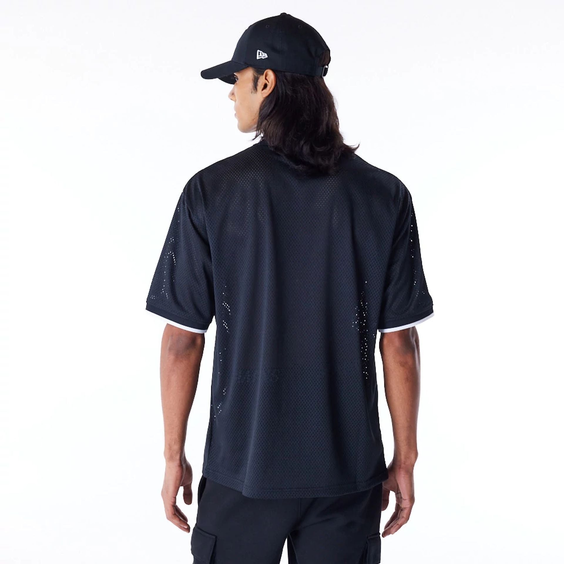 The Male model is wearing Las Vegas Raiders NFL Mesh Black Oversized T-Shirt 3