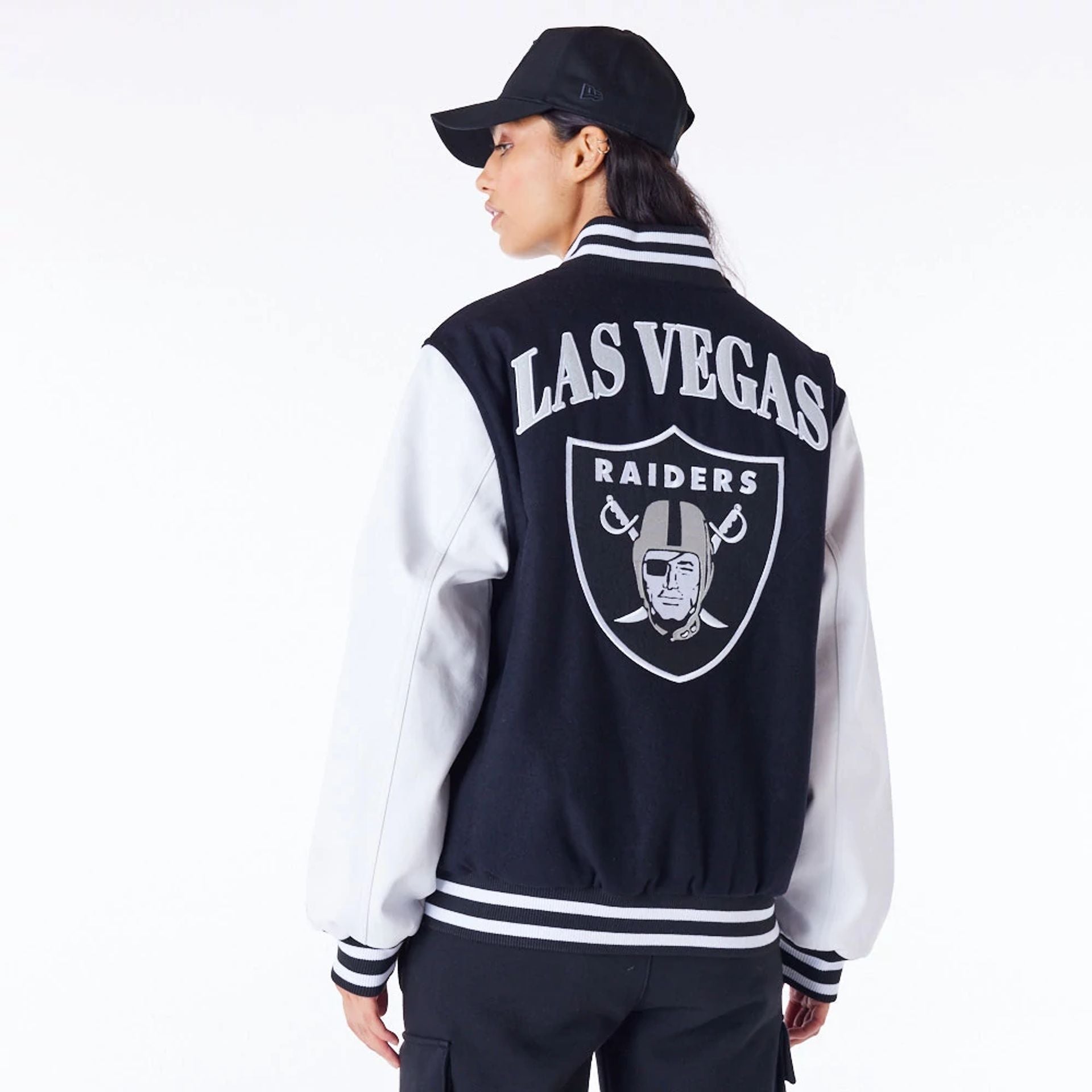 The Male model is wearing Las Vegas Raiders NFL Patch Black Varsity Jacket 11