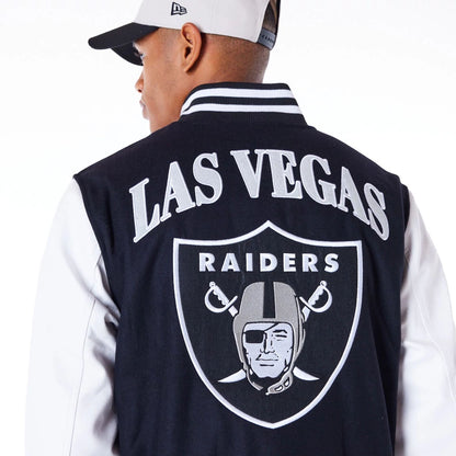 The Male model is wearing Las Vegas Raiders NFL Patch Black Varsity Jacket 9