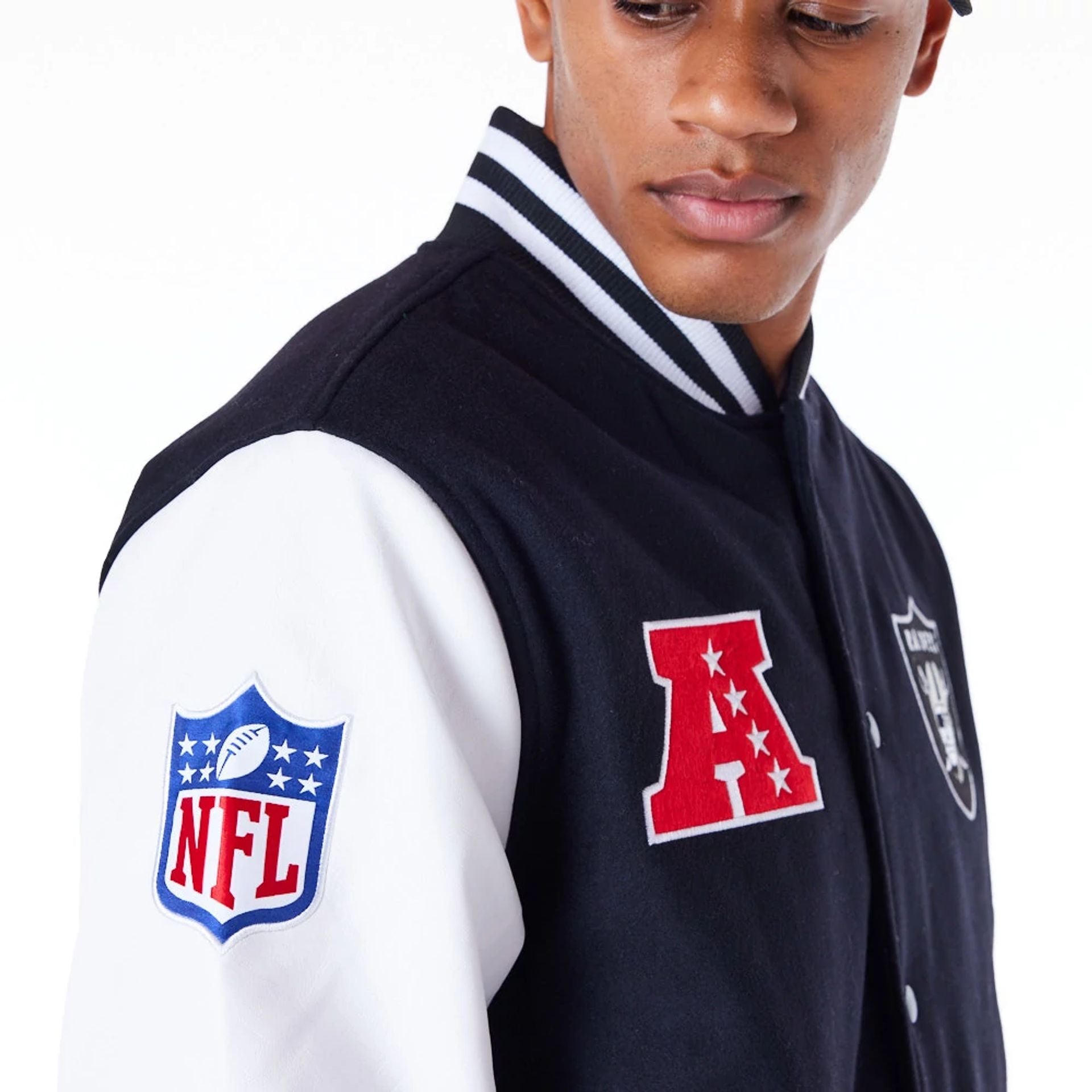 The Male model is wearing Las Vegas Raiders NFL Patch Black Varsity Jacket 6