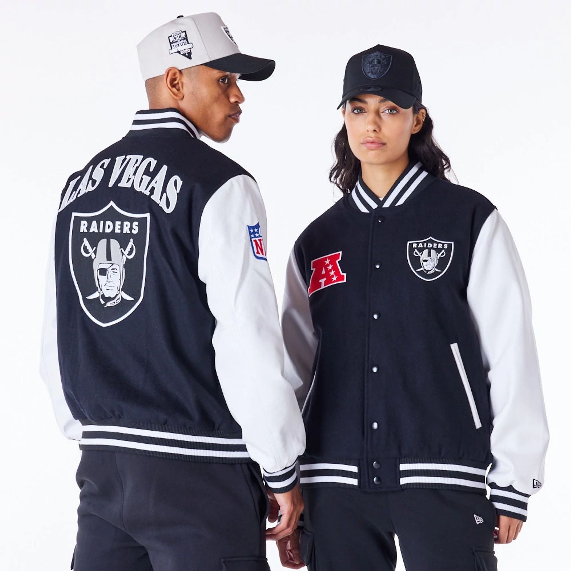 The Male model is wearing Las Vegas Raiders NFL Patch Black Varsity Jacket 1