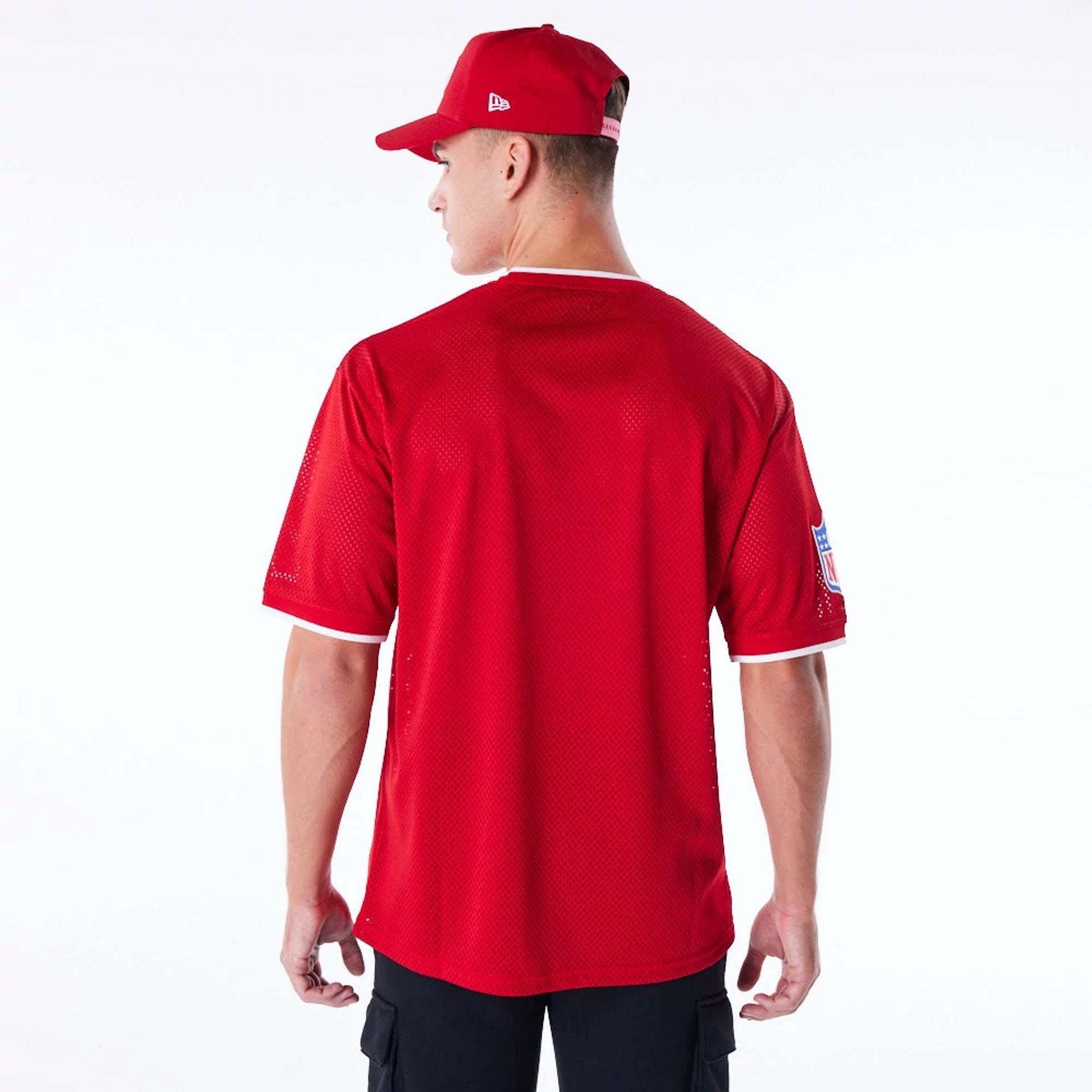 The Male model is wearing San Francisco 49ers NFL Mesh Red Oversized T-Shirt 2