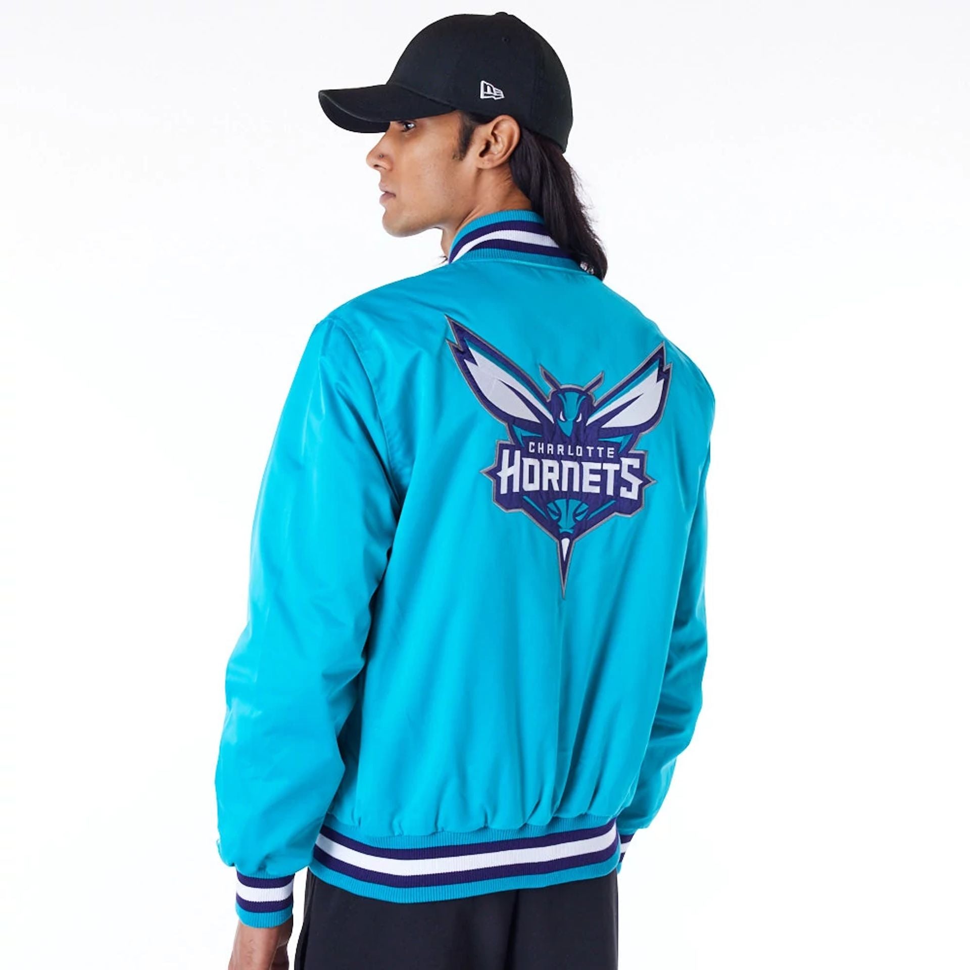 The Male model is wearing Charlotte Hornets NBA Satin Turquoise Bomber Jacket 7