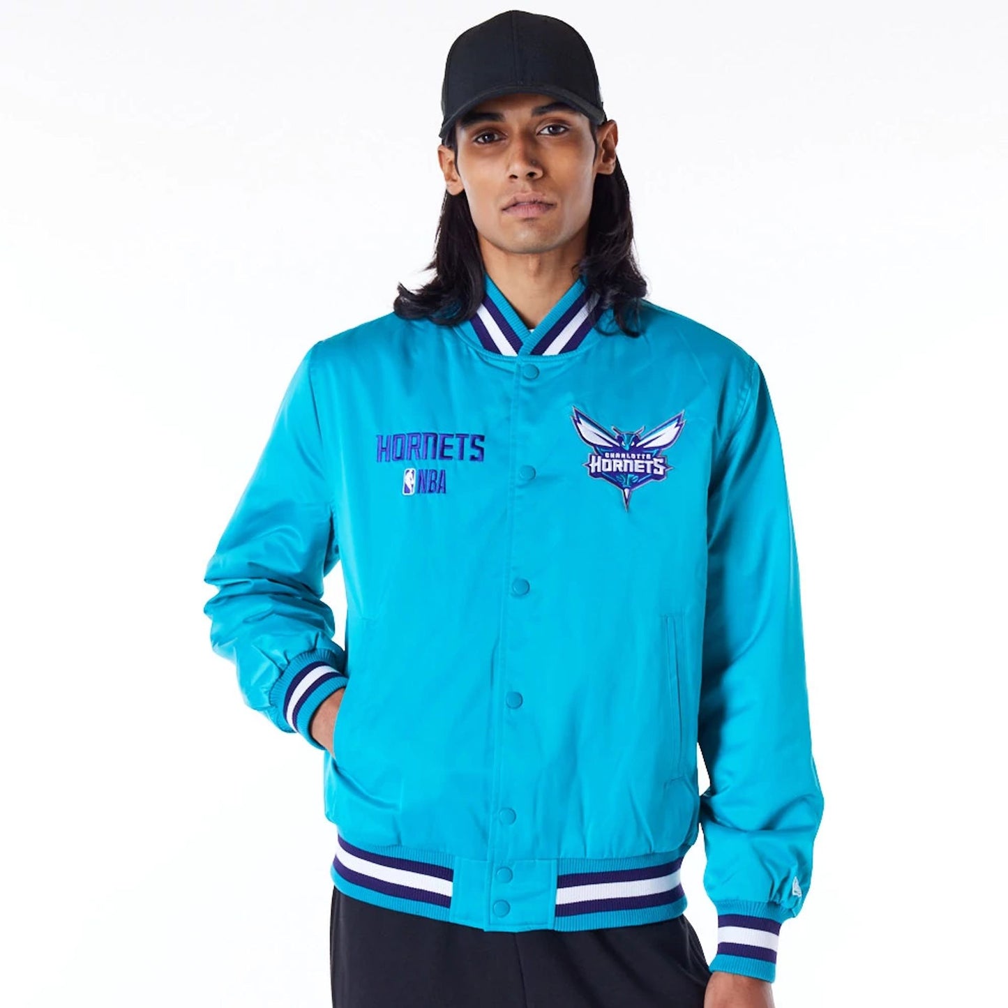 The Male model is wearing Charlotte Hornets NBA Satin Turquoise Bomber Jacket 1