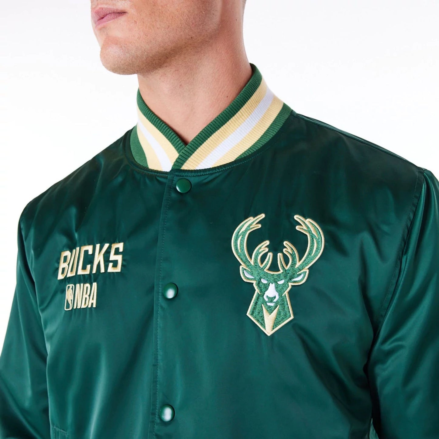 The Male model is wearing Milwaukee Bucks NBA Satin Dark Green Bomber Jacket 8