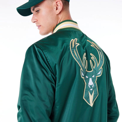 The Male model is wearing Milwaukee Bucks NBA Satin Dark Green Bomber Jacket 6