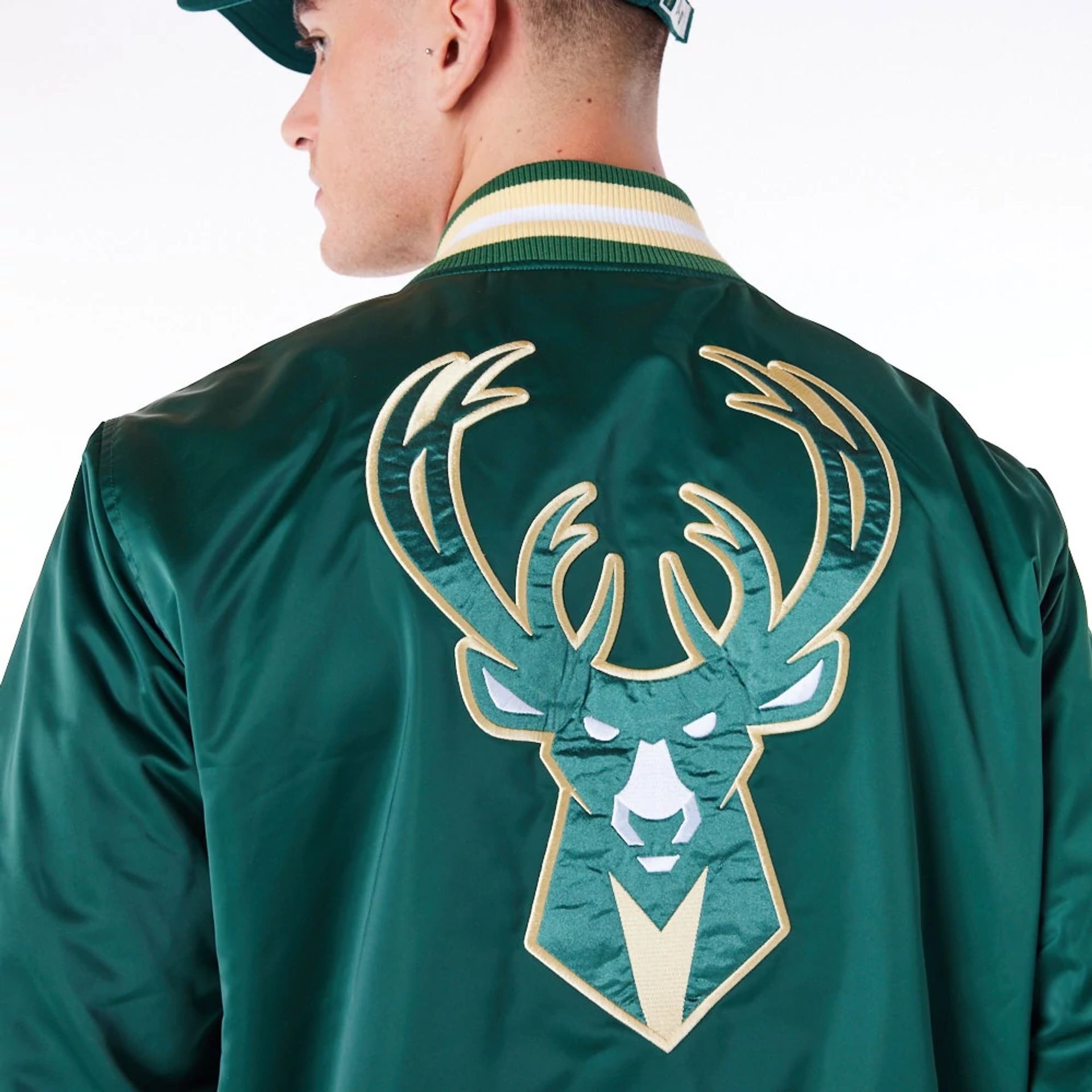 The Male model is wearing Milwaukee Bucks NBA Satin Dark Green Bomber Jacket 2