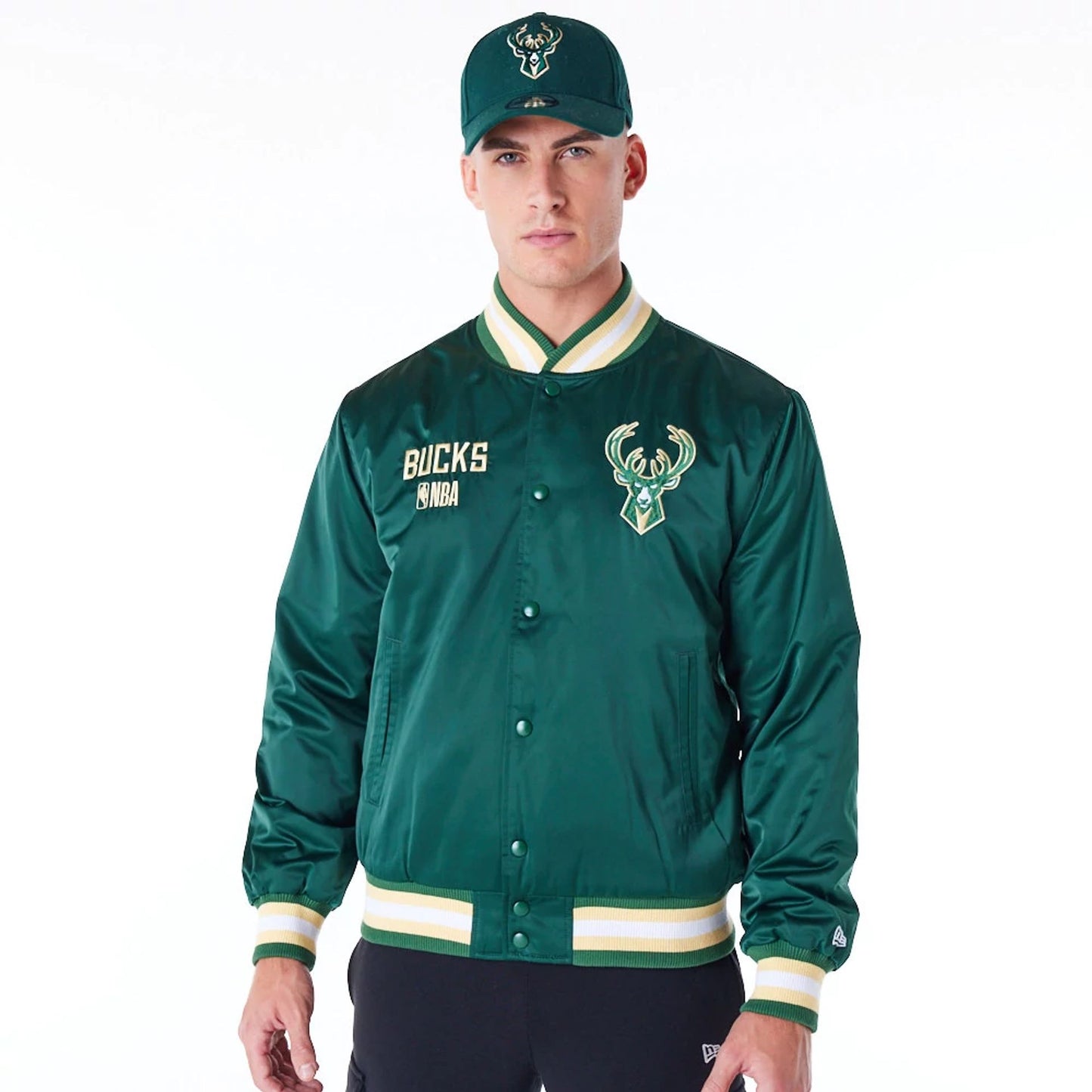 The Male model is wearing Milwaukee Bucks NBA Satin Dark Green Bomber Jacket 1