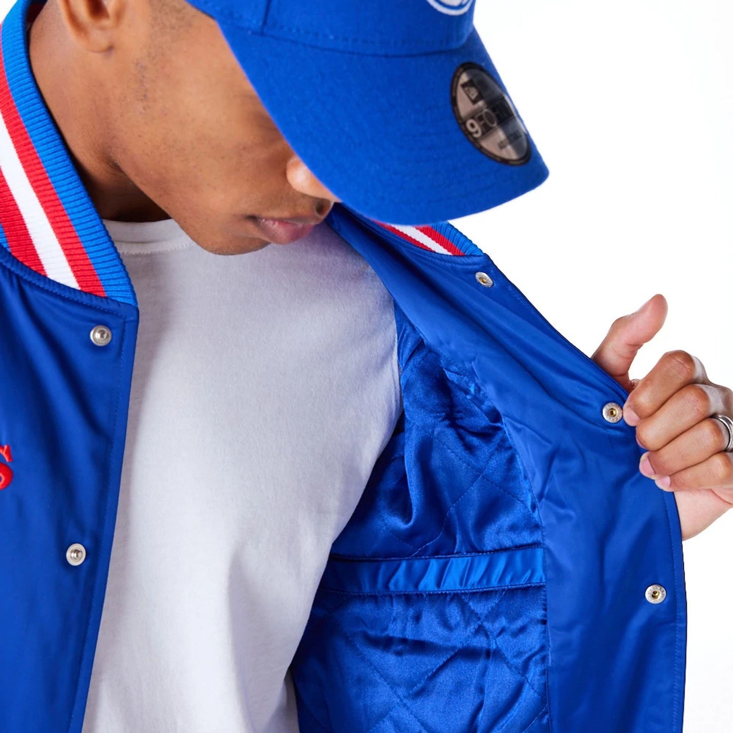 The Male model is wearing Philadelphia 76ers NBA Satin Blue Bomber Jacket 5