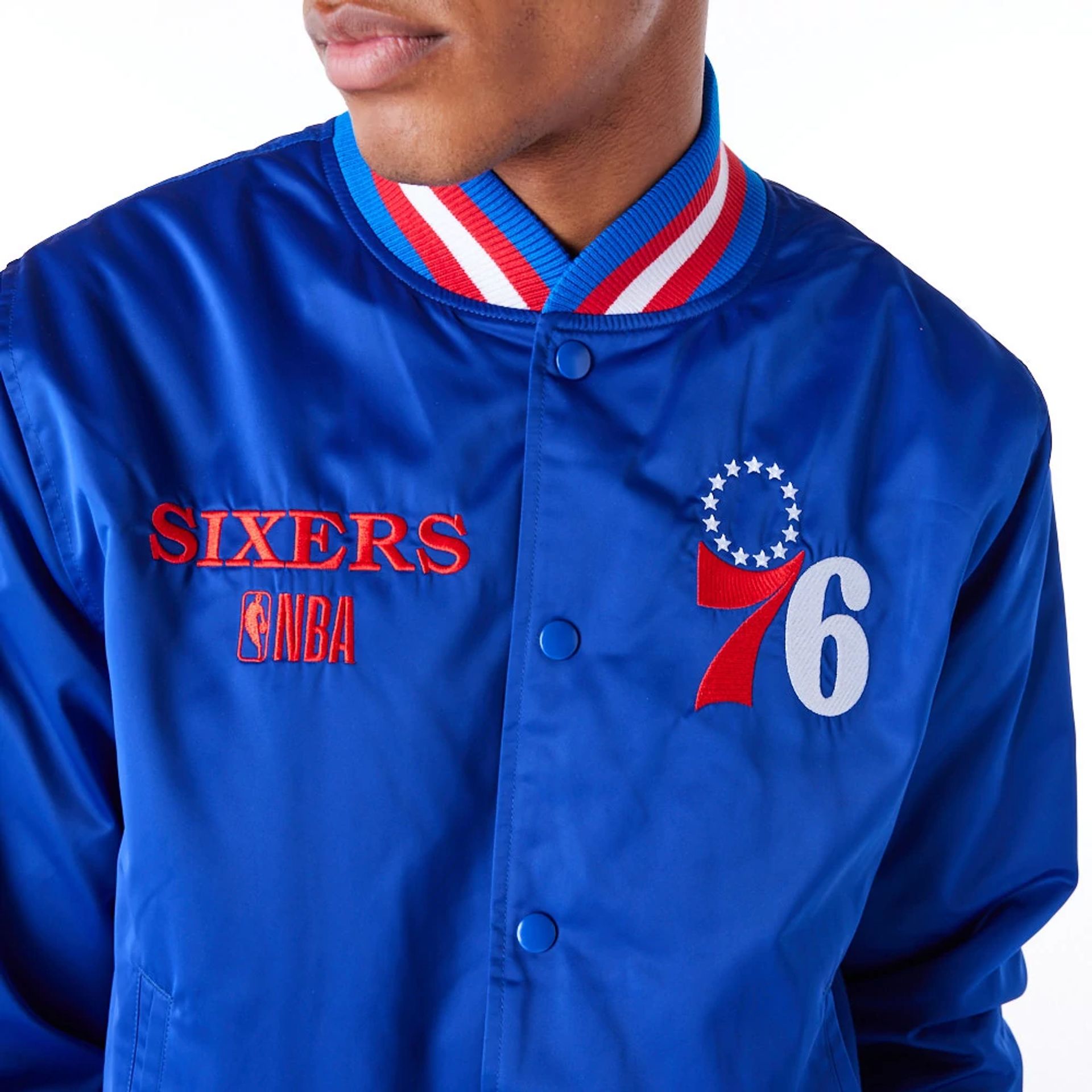 The Male model is wearing Philadelphia 76ers NBA Satin Blue Bomber Jacket 6