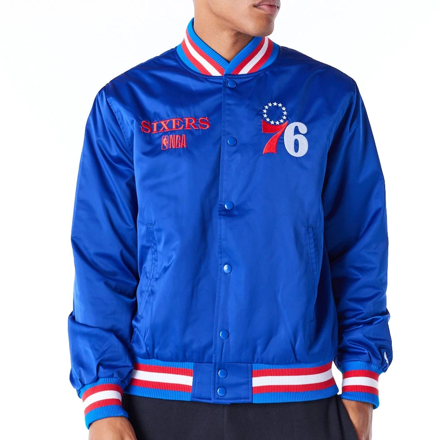 The Male model is wearing Philadelphia 76ers NBA Satin Blue Bomber Jacket 3