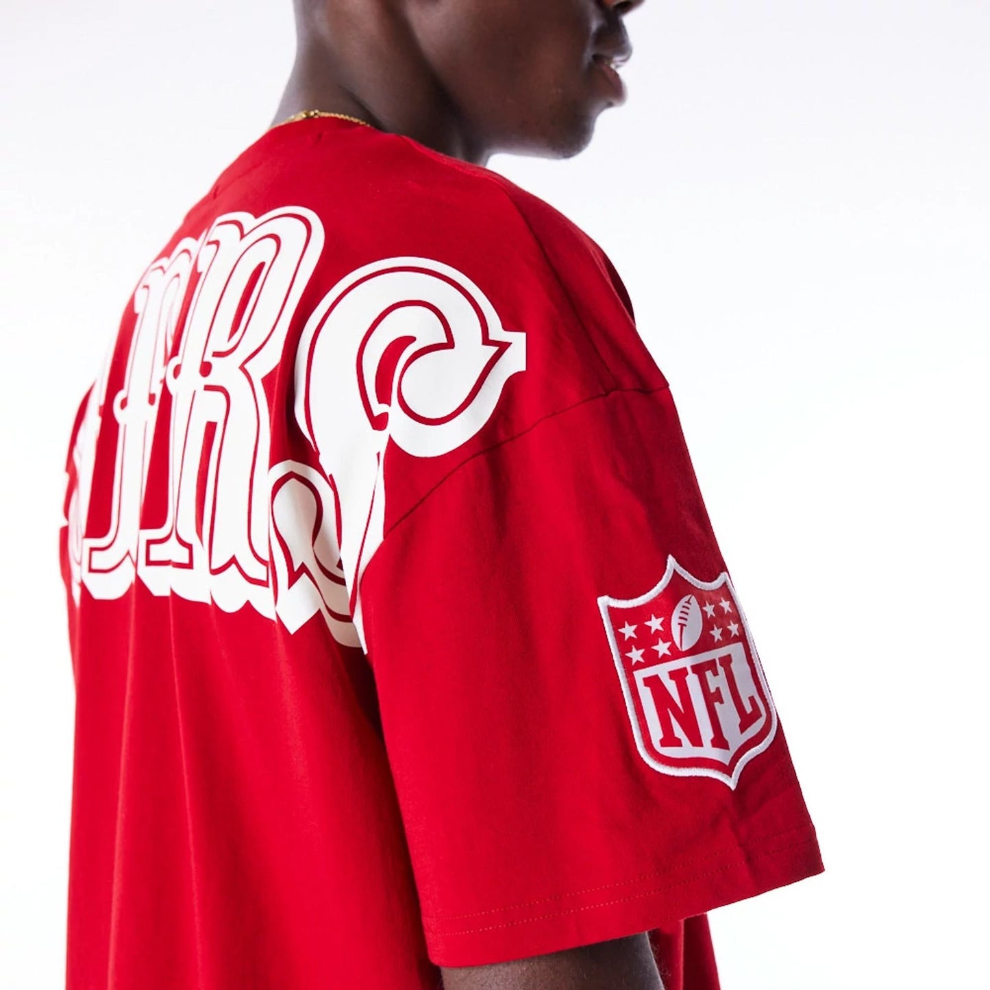 The Male model is wearing San Francisco 49ers NFL Drop Shoulder Red Drop Shoulder T-Shirt 3