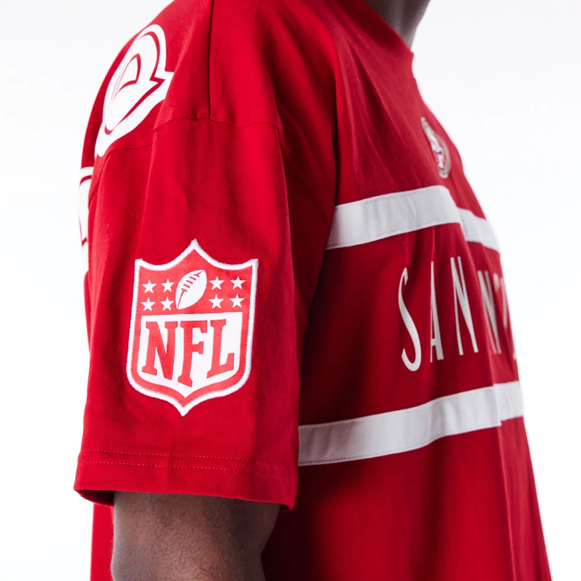 The Male model is wearing San Francisco 49ers NFL Drop Shoulder Red Drop Shoulder T-Shirt 2