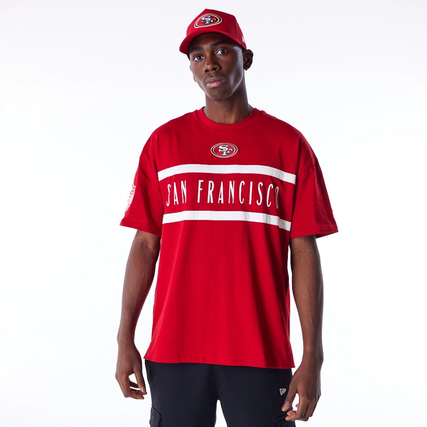 The Male model is wearing San Francisco 49ers NFL Drop Shoulder Red Drop Shoulder T-Shirt 7