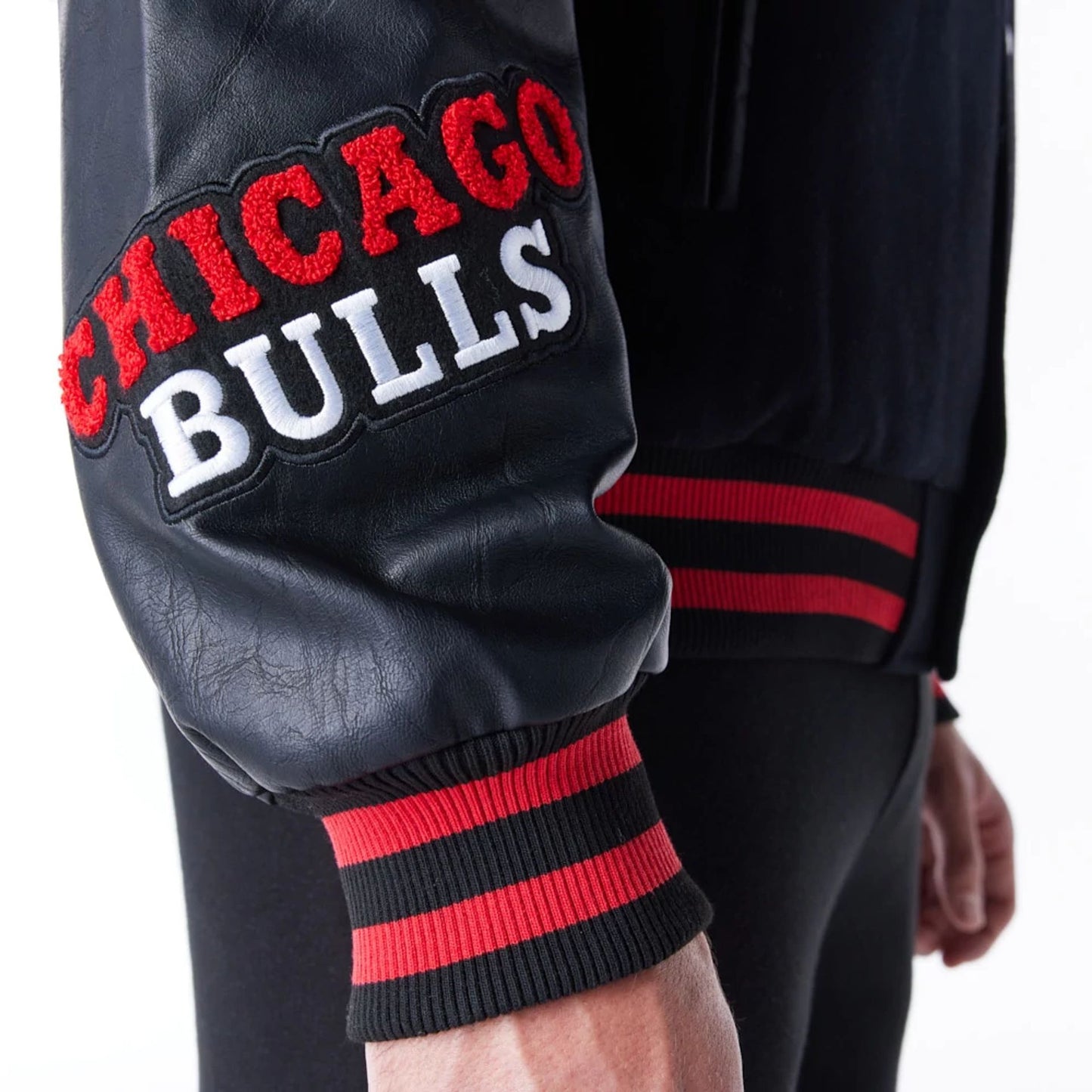 The Male model is wearing Chicago Bulls NBA Patch Black and Red Varsity Jacket 11