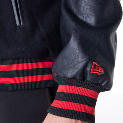 The Male model is wearing Chicago Bulls NBA Patch Black and Red Varsity Jacket 2