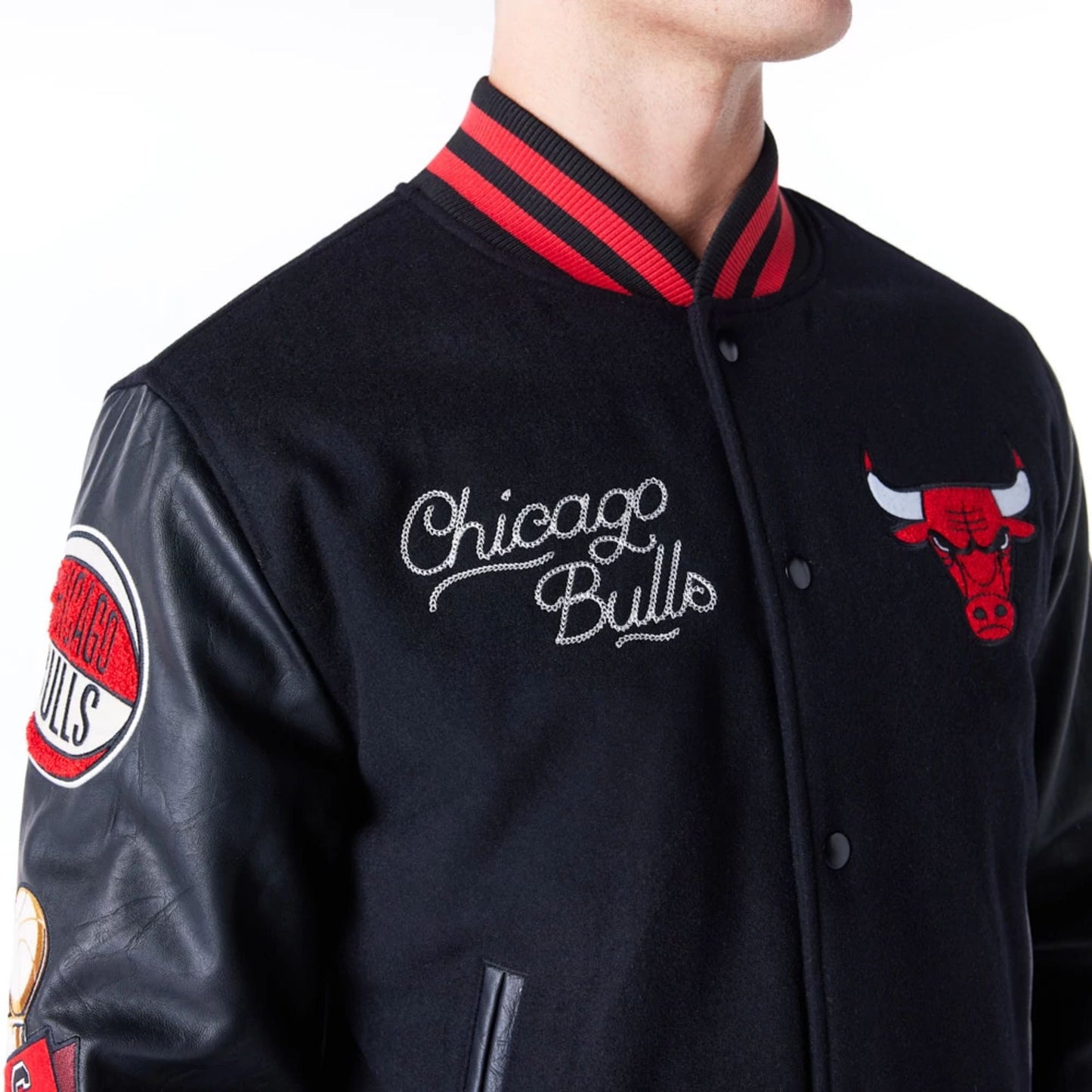 The Male model is wearing Chicago Bulls NBA Patch Black and Red Varsity Jacket 4