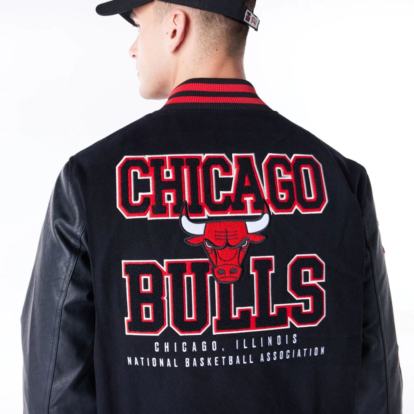 The Male model is wearing Chicago Bulls NBA Patch Black and Red Varsity Jacket 6