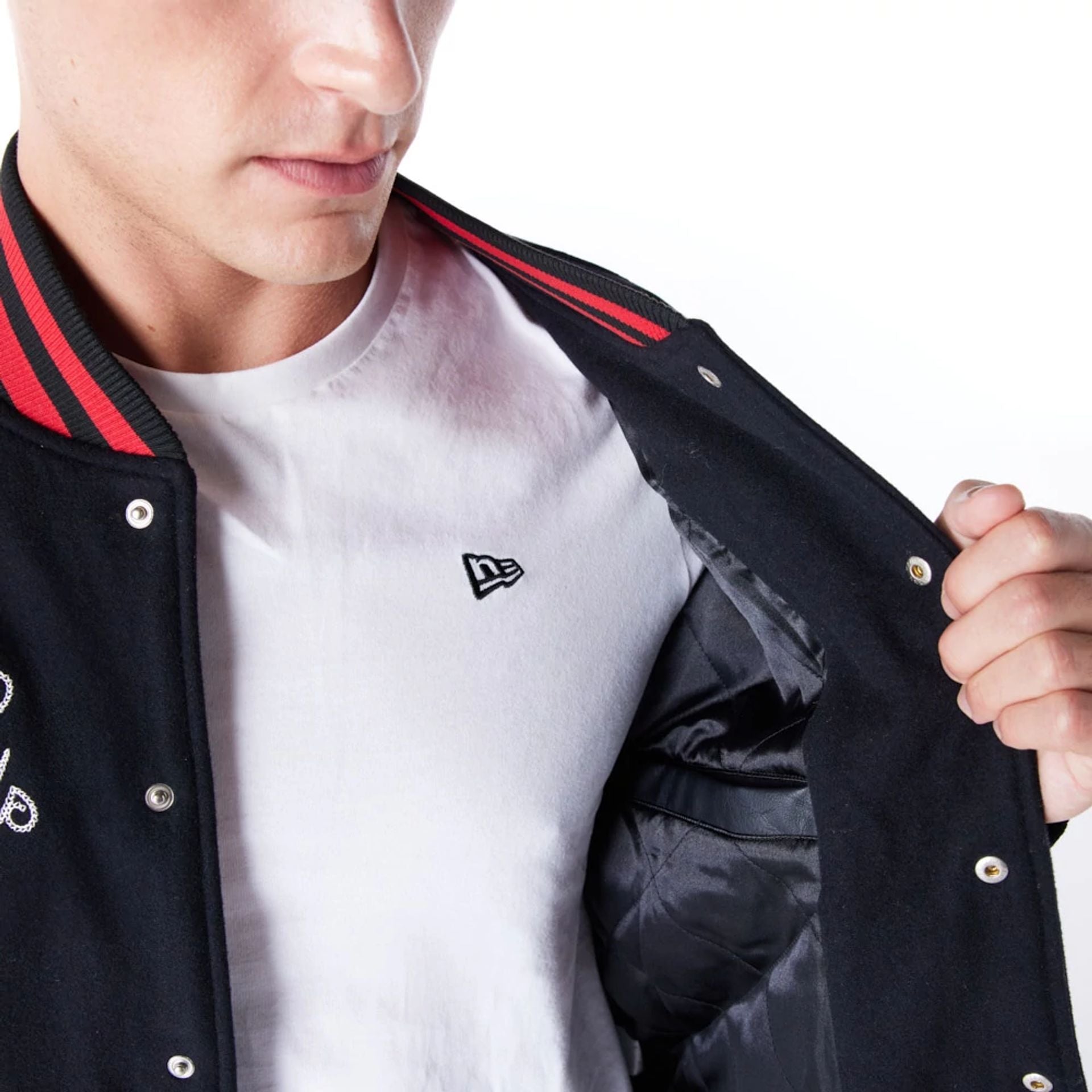 The Male model is wearing Chicago Bulls NBA Patch Black and Red Varsity Jacket 7