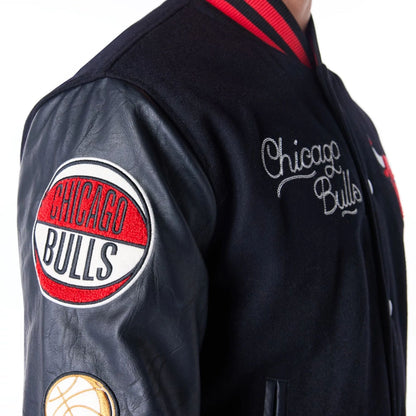 The Male model is wearing Chicago Bulls NBA Patch Black and Red Varsity Jacket 8