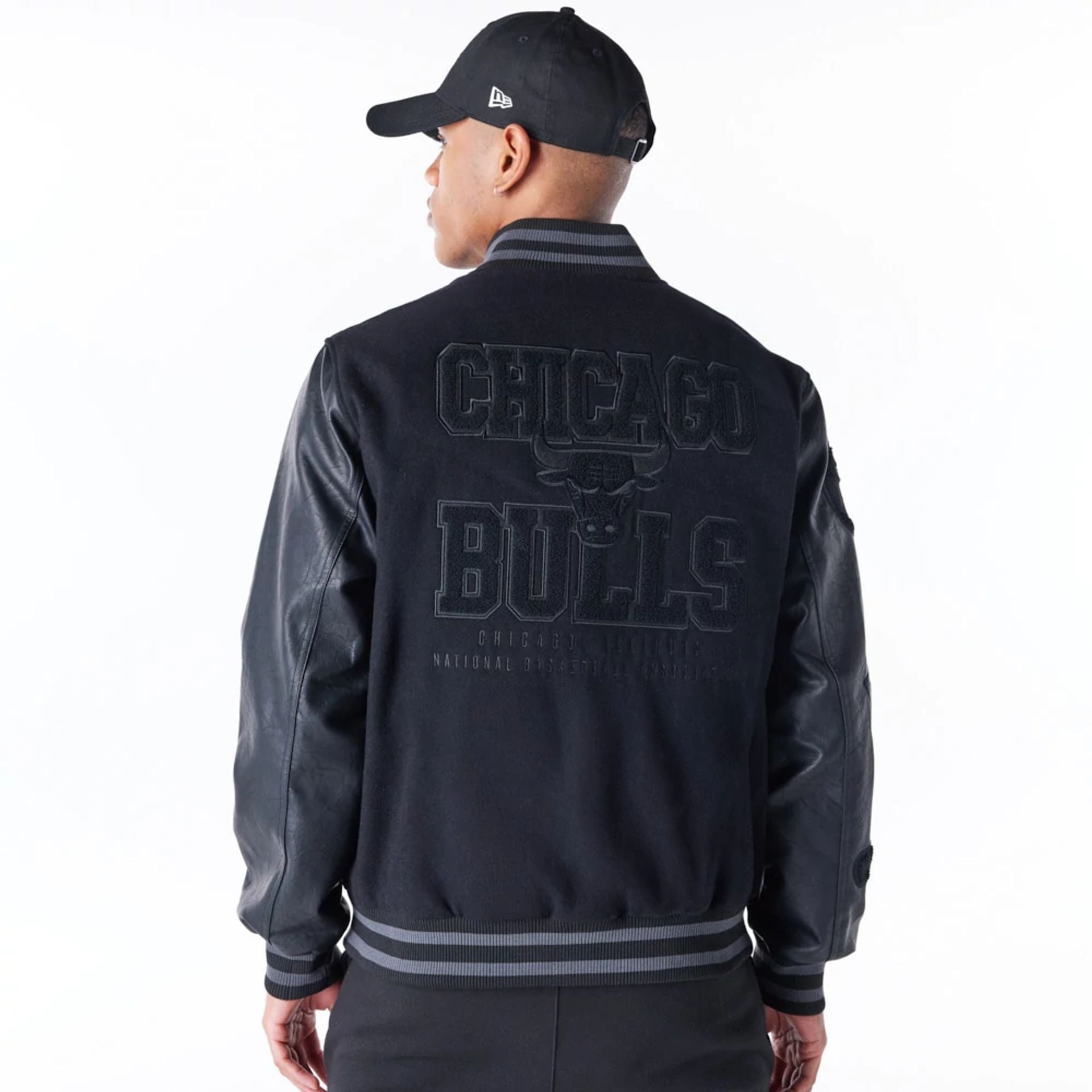 The Male model is wearing Chicago Bulls NBA Patch Black Varsity Jacket 2