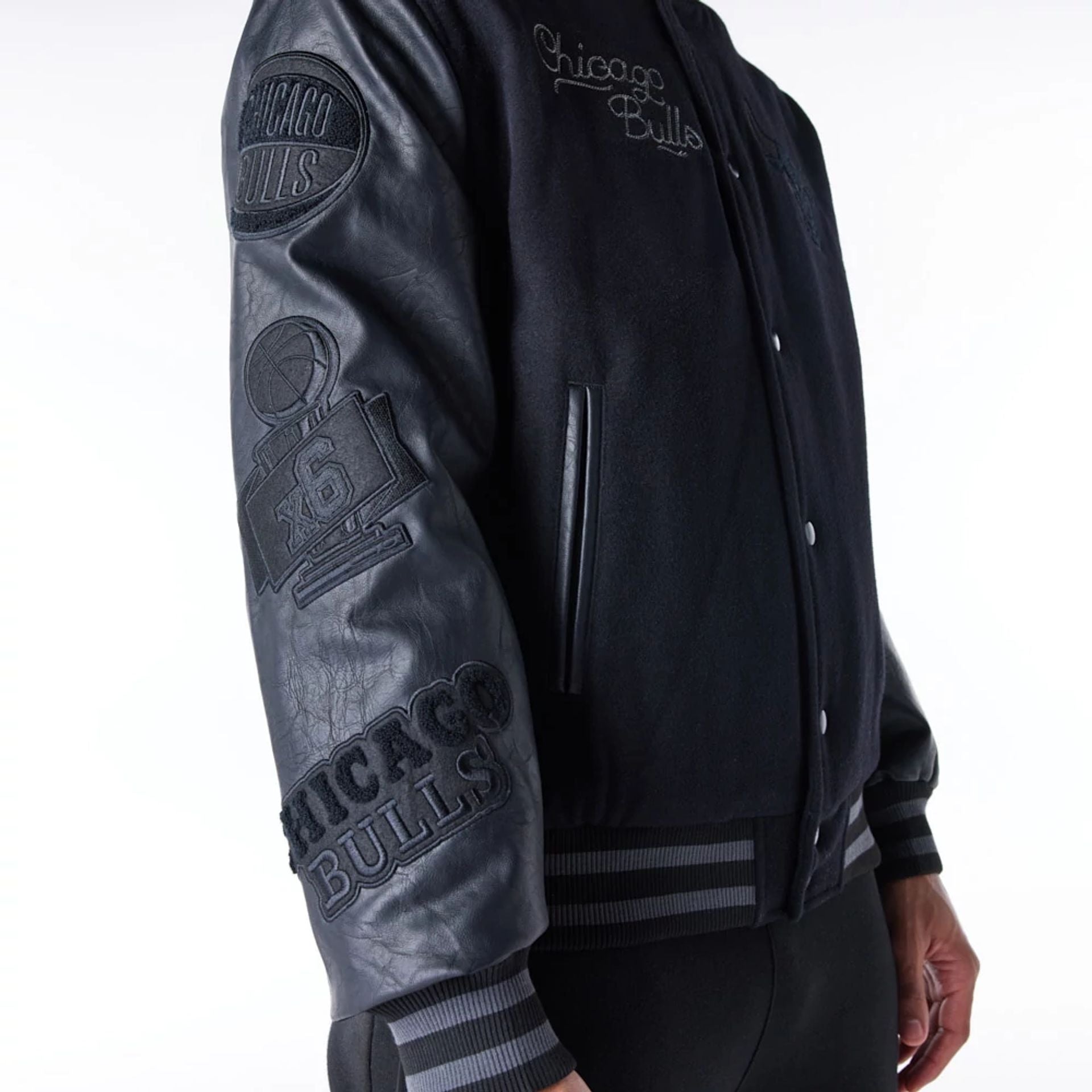 The Male model is wearing Chicago Bulls NBA Patch Black Varsity Jacket 11