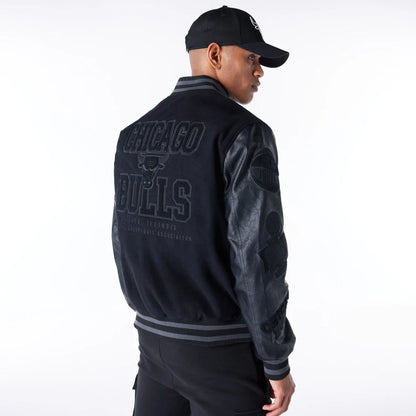 The Male model is wearing Chicago Bulls NBA Patch Black Varsity Jacket 6