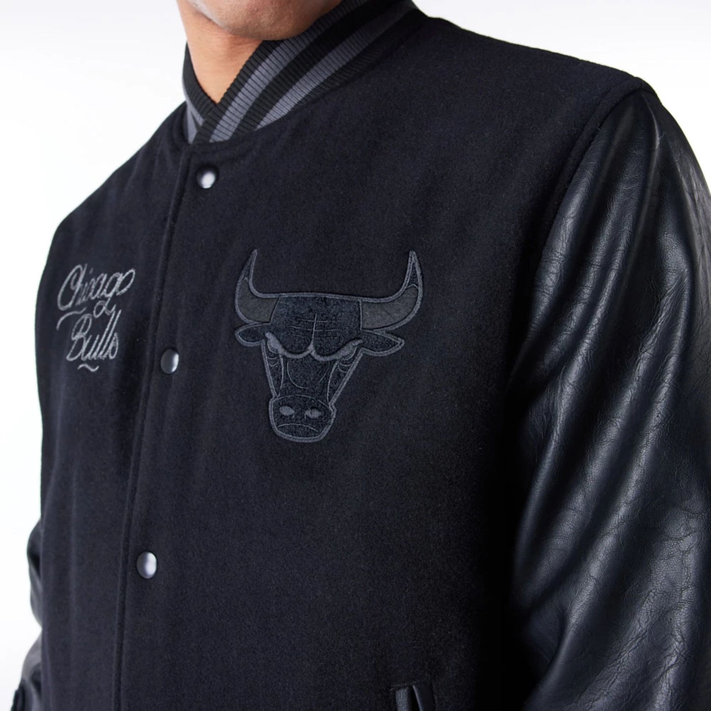 The Male model is wearing Chicago Bulls NBA Patch Black Varsity Jacket 7