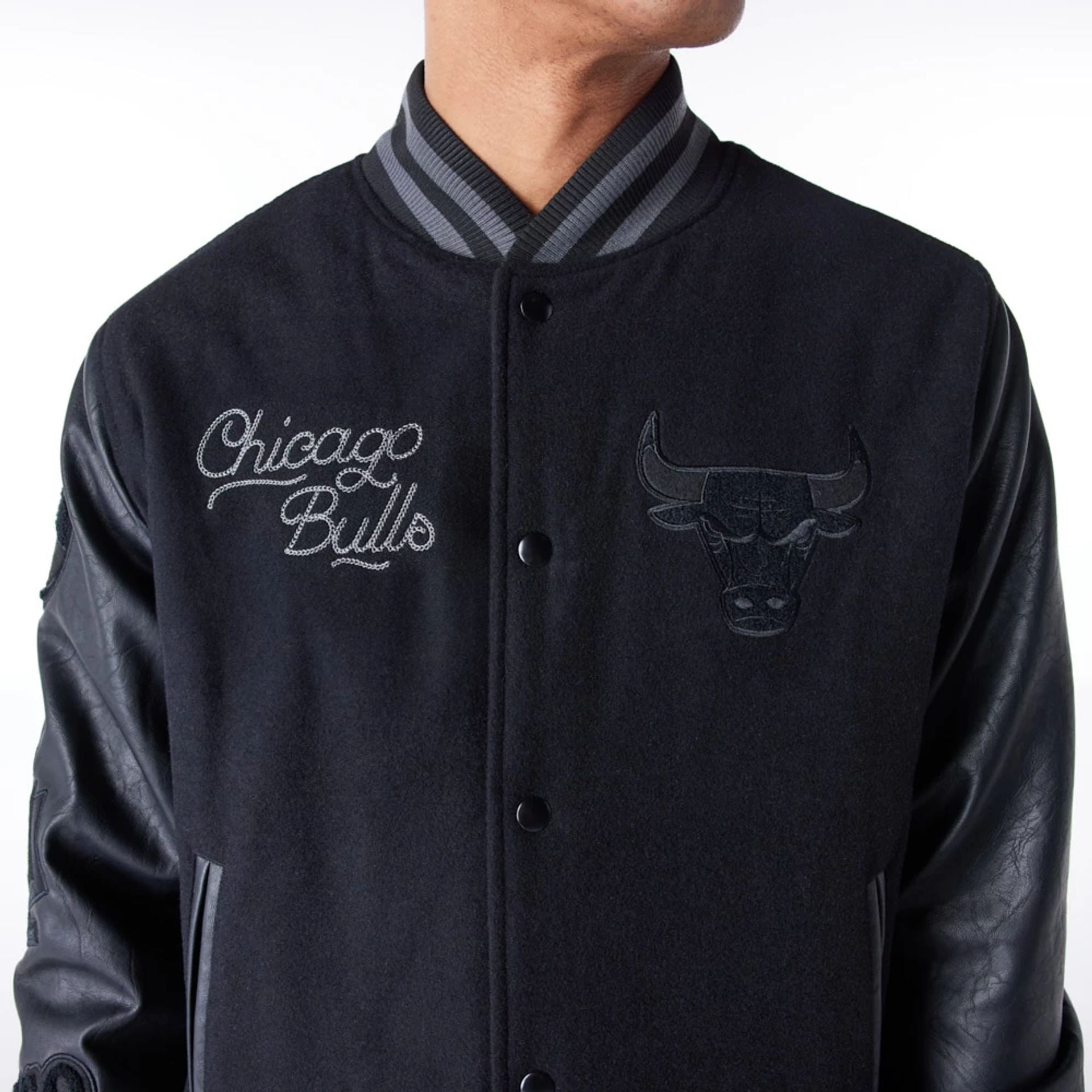 The Male model is wearing Chicago Bulls NBA Patch Black Varsity Jacket 8