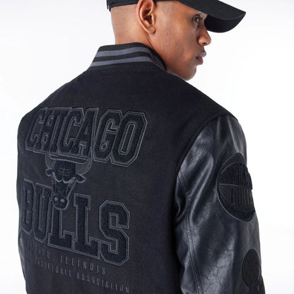 The Male model is wearing Chicago Bulls NBA Patch Black Varsity Jacket 9