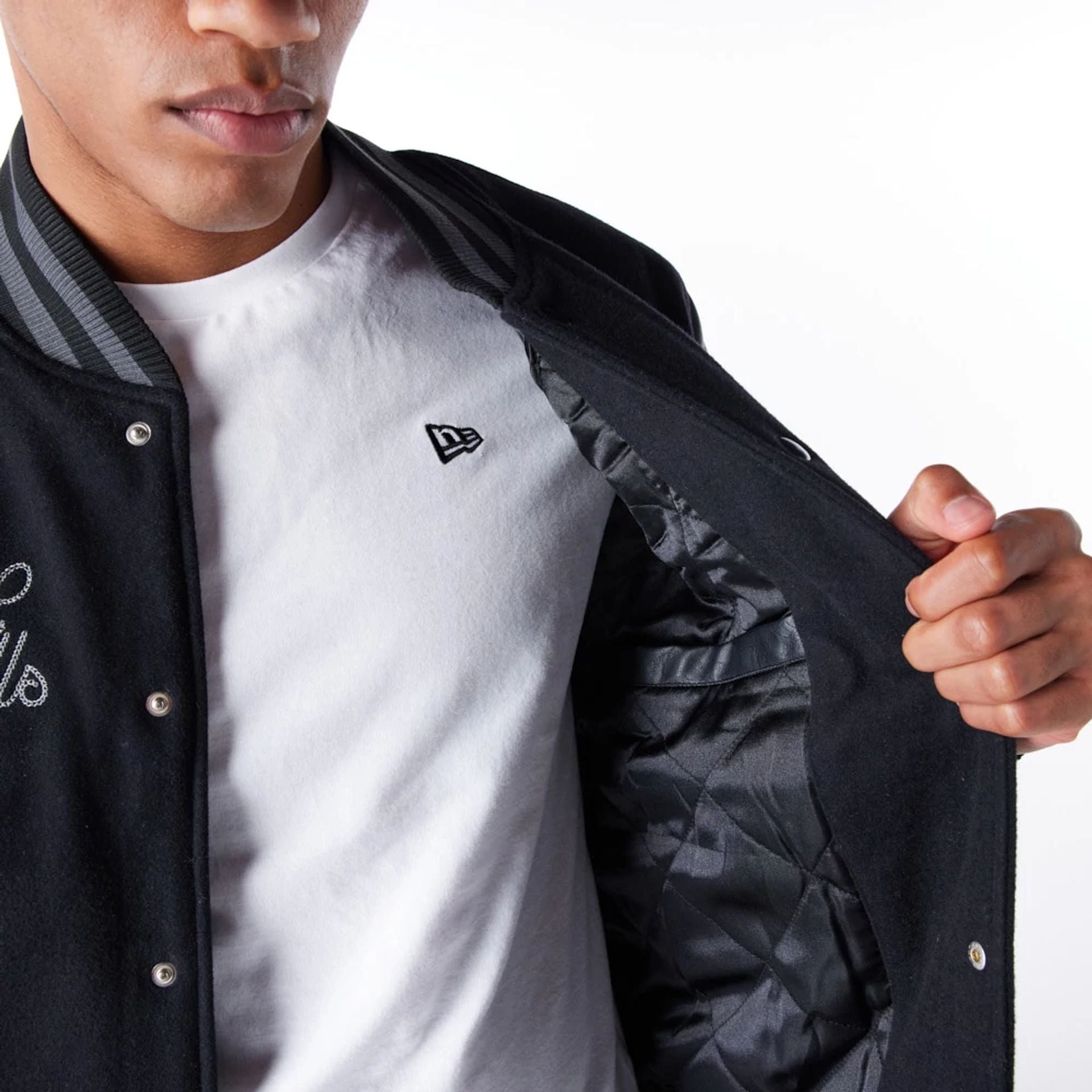 The Male model is wearing Chicago Bulls NBA Patch Black Varsity Jacket 10