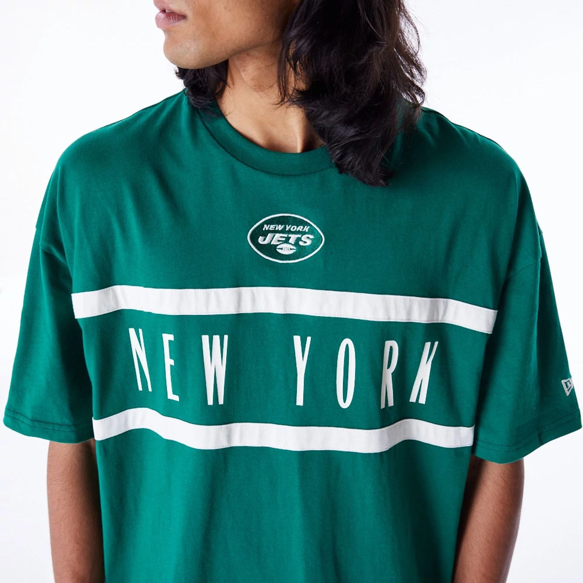 The Male model is wearing New York Jets NFL Drop Shoulder Green Drop Shoulder T-Shirt 1