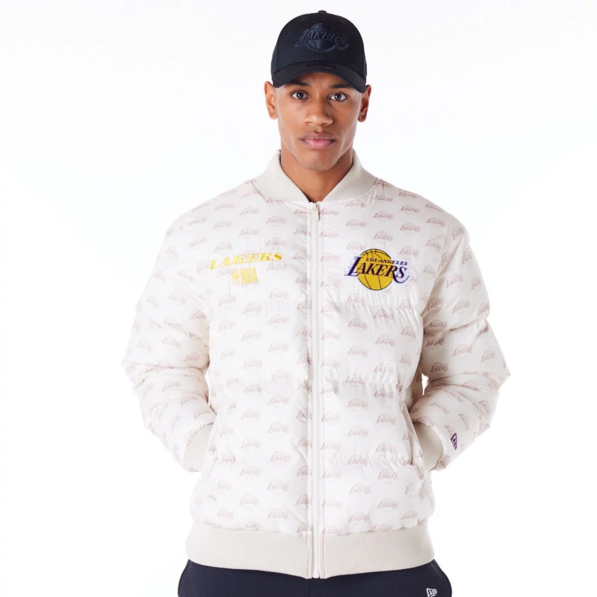 The Male model is wearing LA Lakers NBA Monogram Stone Puffer Jacket 8