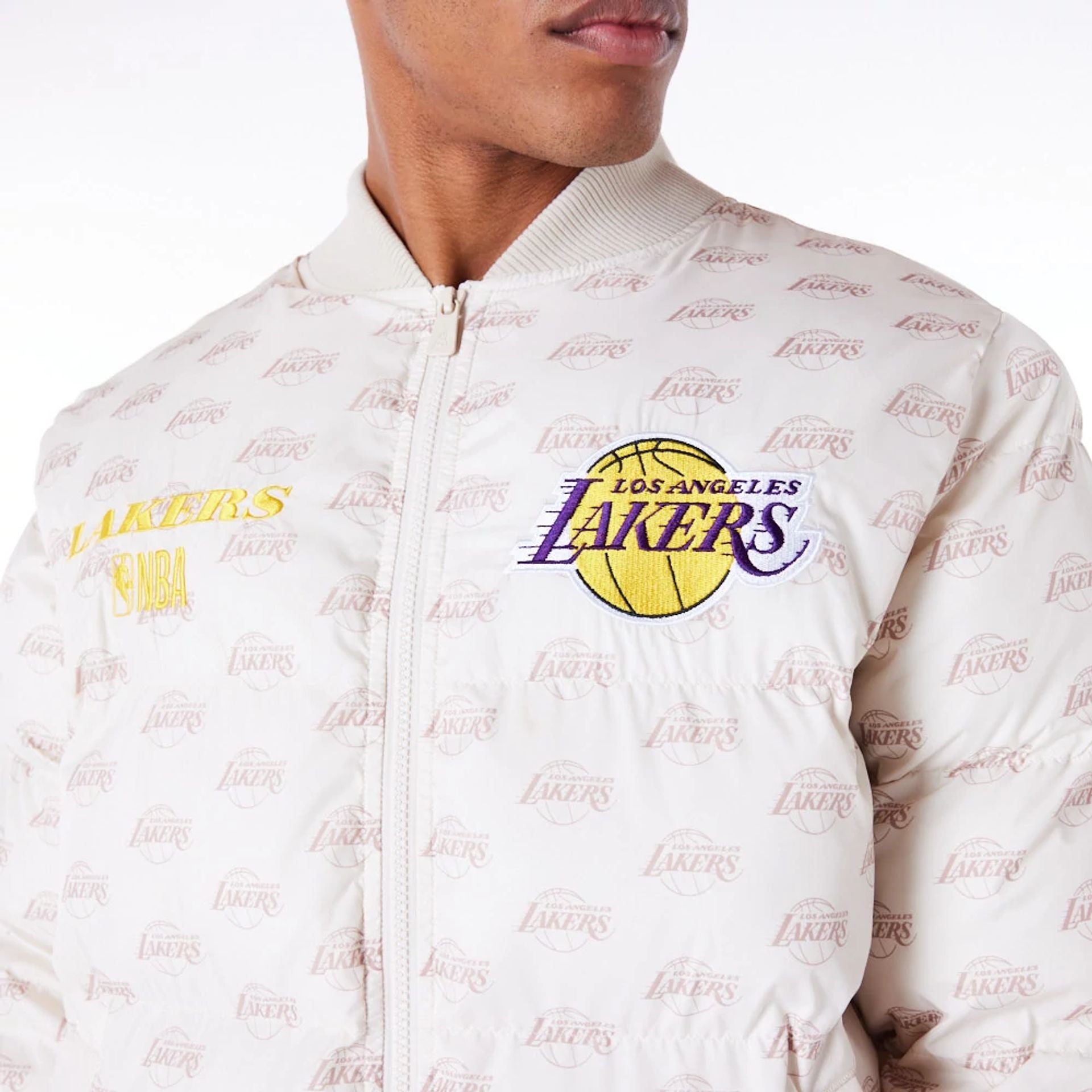 The Male model is wearing LA Lakers NBA Monogram Stone Puffer Jacket 2