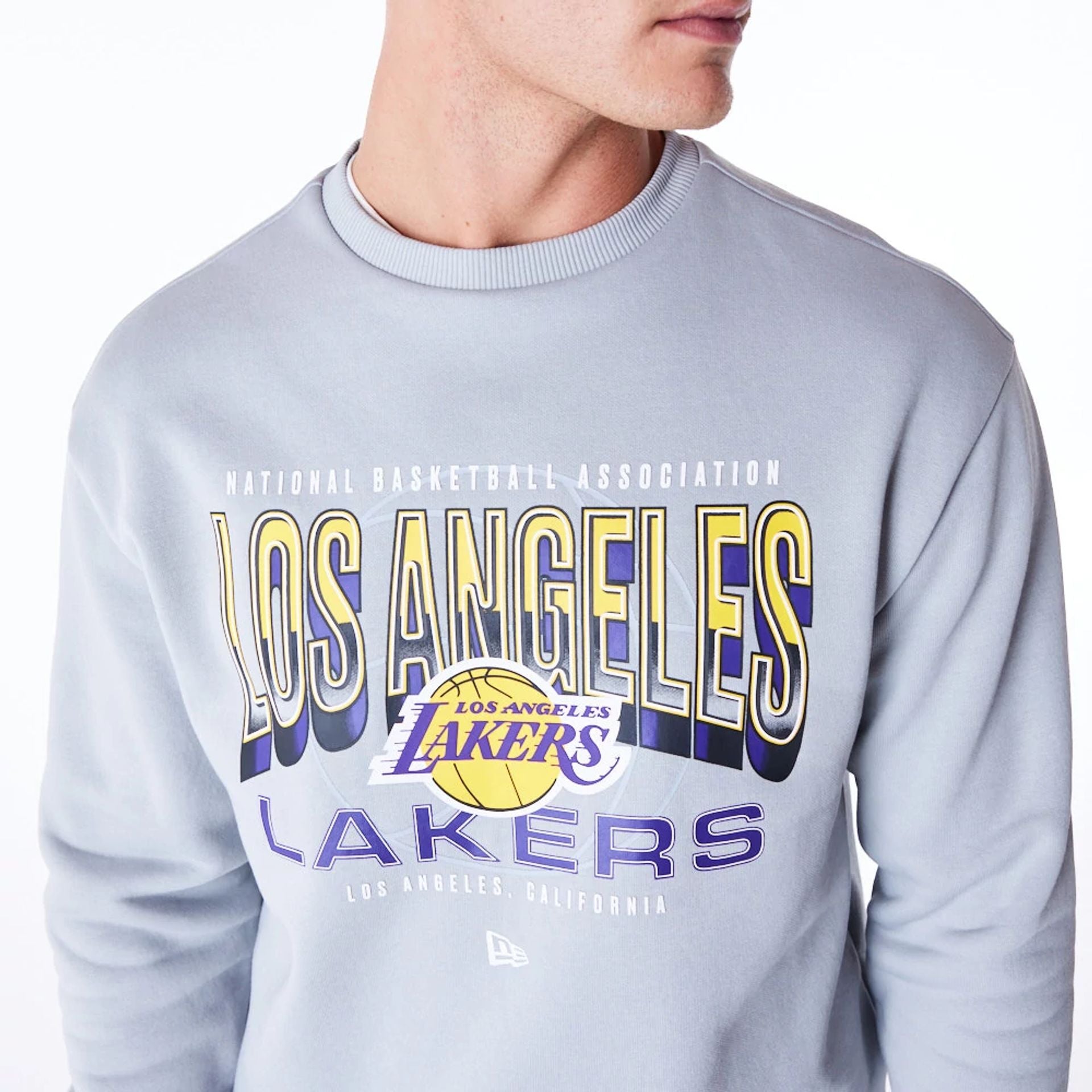 The Male model is wearing LA Lakers NBA Tech Grey Crew Neck Sweatshirt 3