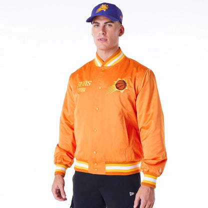 The Male model is wearing Phoenix Suns NBA Satin Orange Bomber Jacket 1