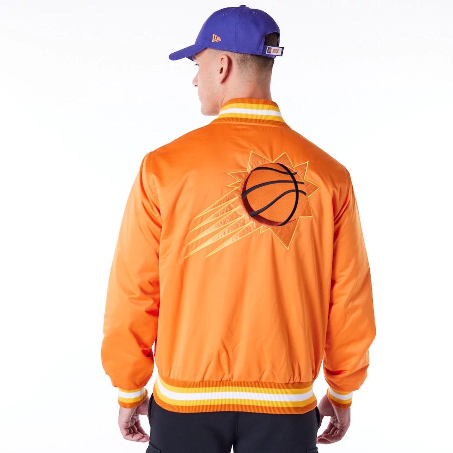 The Male model is wearing Phoenix Suns NBA Satin Orange Bomber Jacket 8