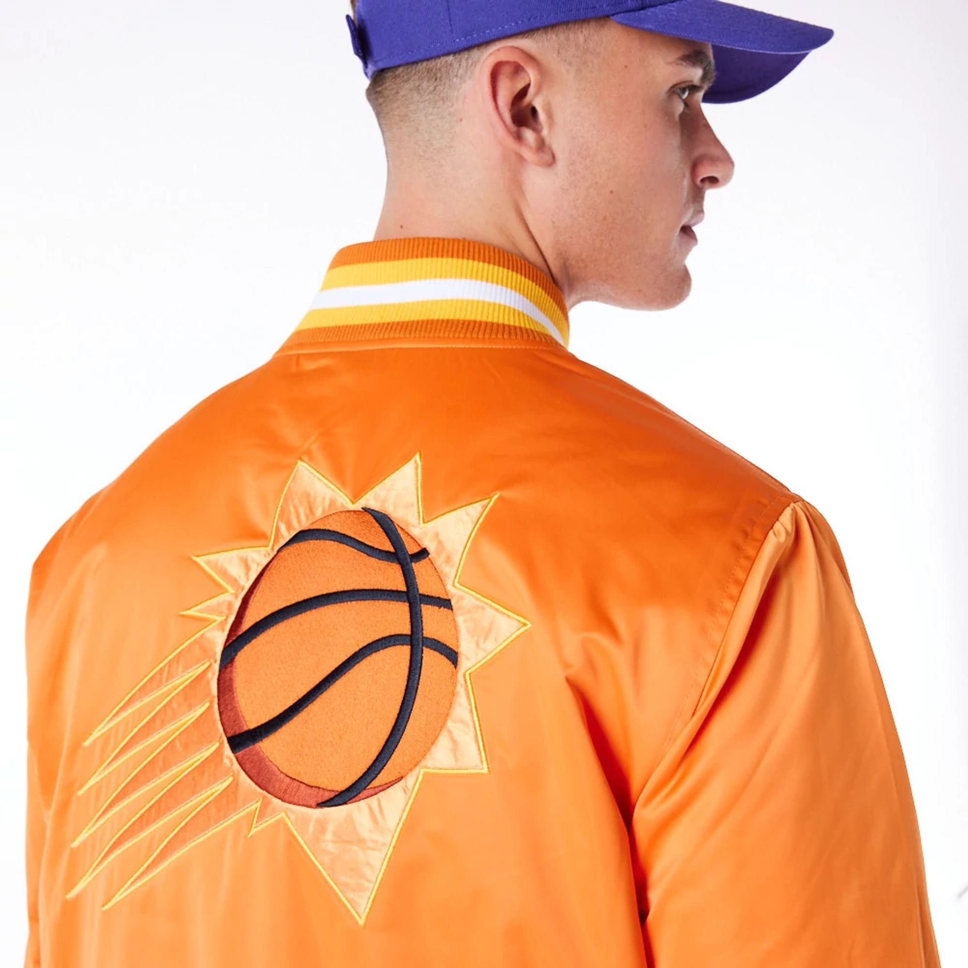 The Male model is wearing Phoenix Suns NBA Satin Orange Bomber Jacket 3