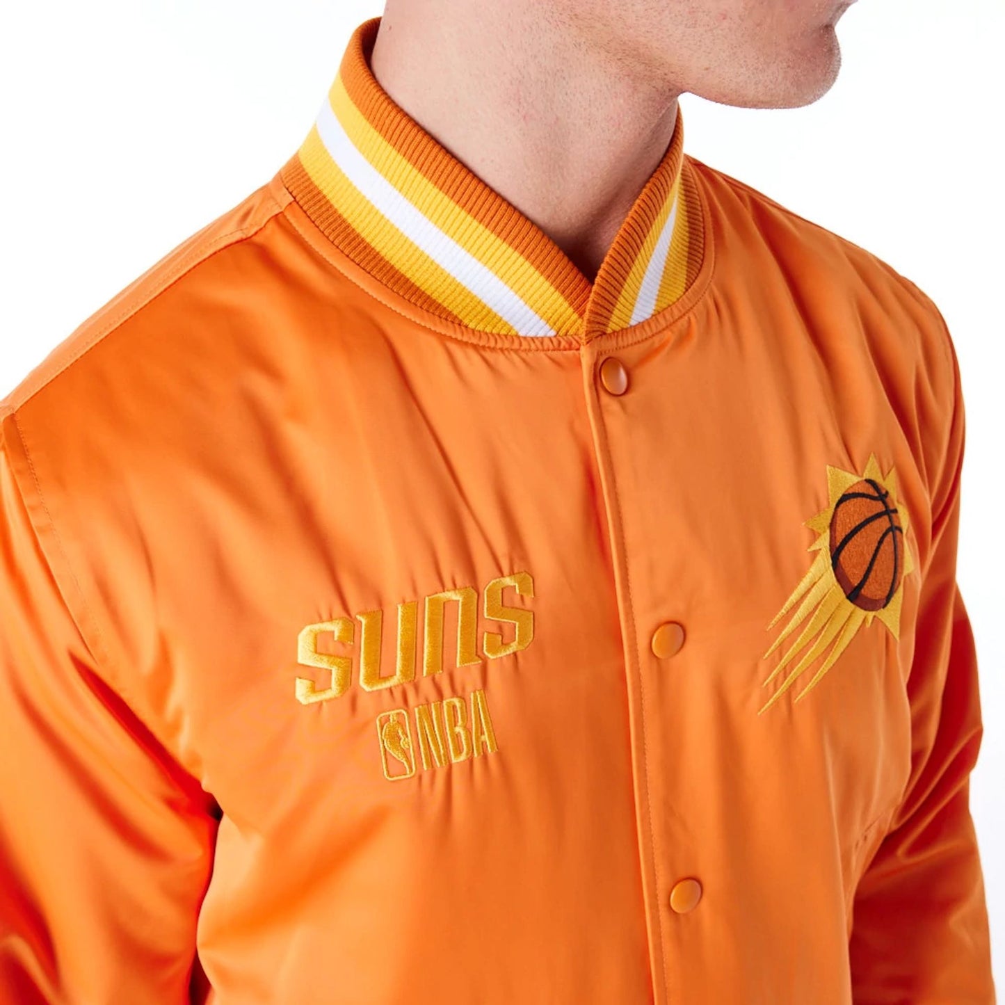 The Male model is wearing Phoenix Suns NBA Satin Orange Bomber Jacket 4