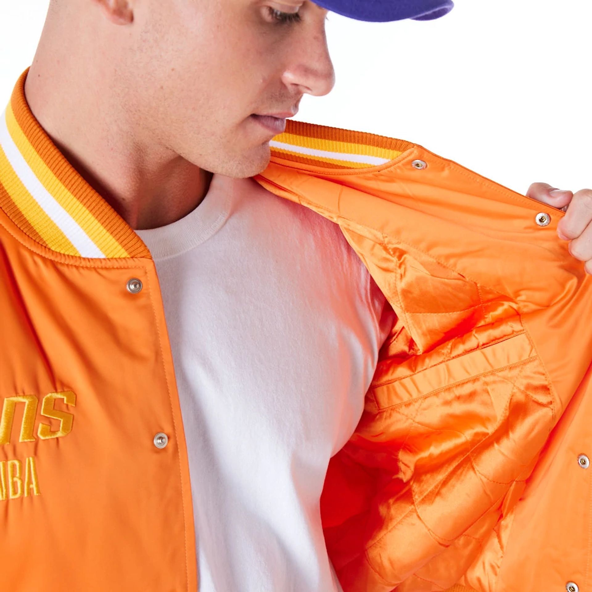 The Male model is wearing Phoenix Suns NBA Satin Orange Bomber Jacket 6