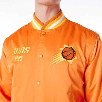 The Male model is wearing Phoenix Suns NBA Satin Orange Bomber Jacket 2