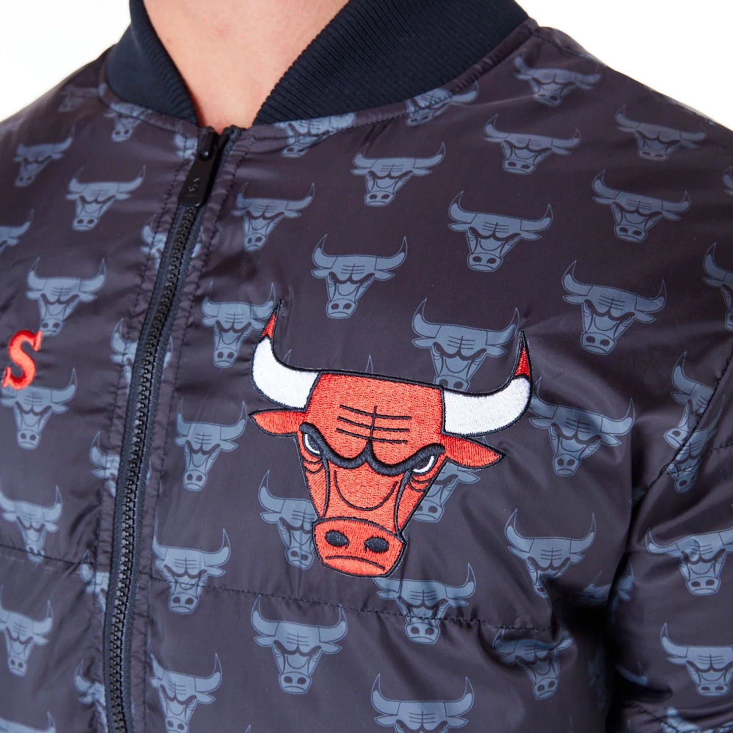 The Male model is wearing Chicago Bulls NBA Monogram Black Puffer Jacket 8